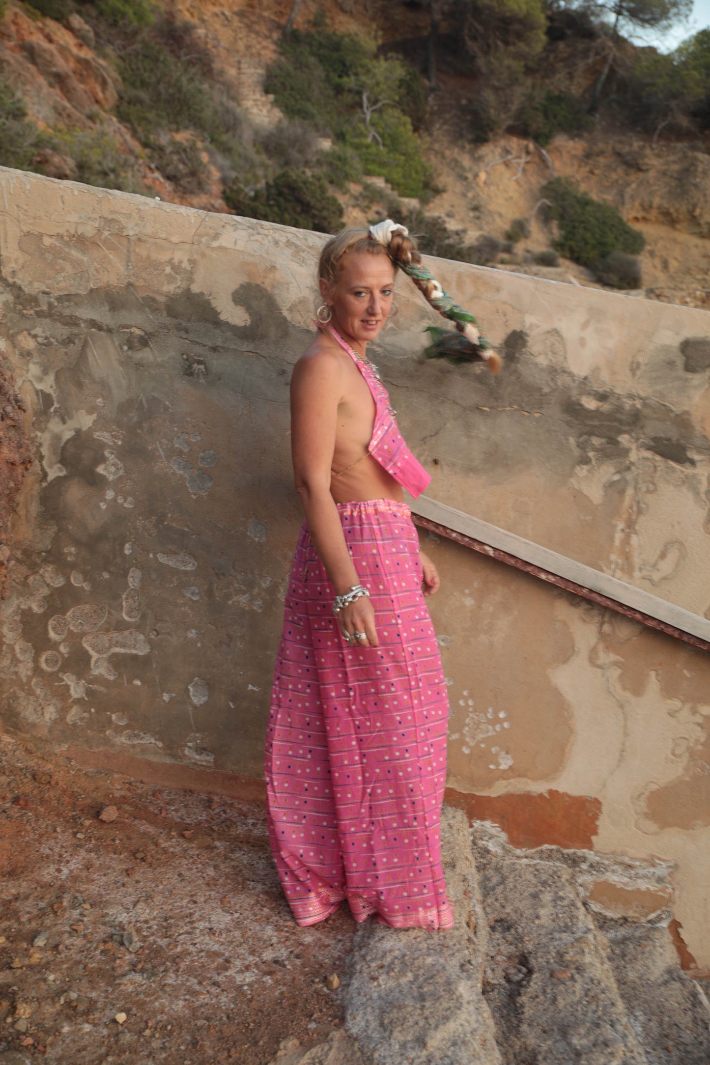 Up-cycled vintage cotton 2 piece set tie top and pants in super thin lightweight pink printed cotton perfect for beach days and vibes around Ibiza town.