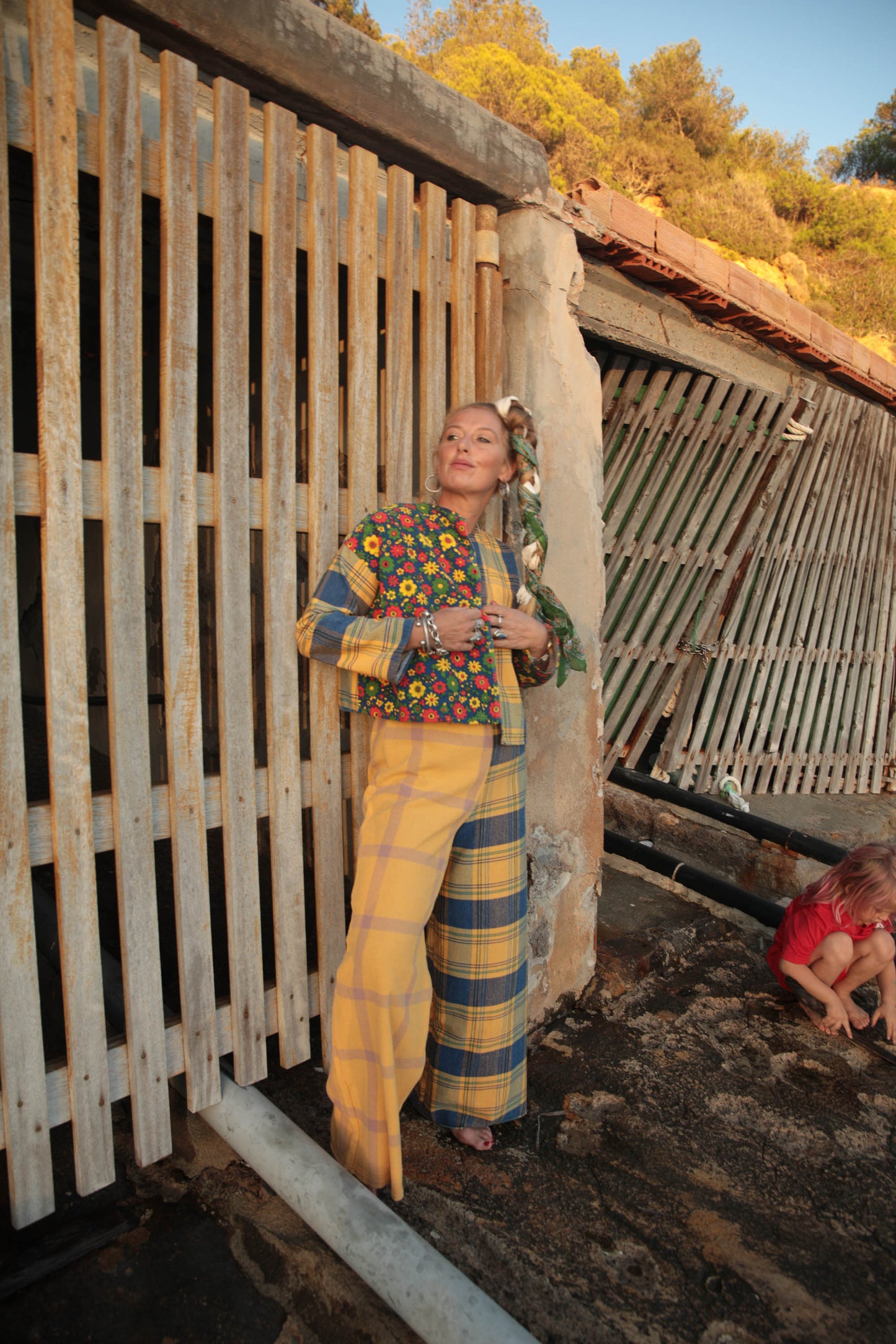 Up-cycled vintage yellow check cotton patchwork jackets with retro 1970’s floral print textiles panel's made by Vagabond Ibiza