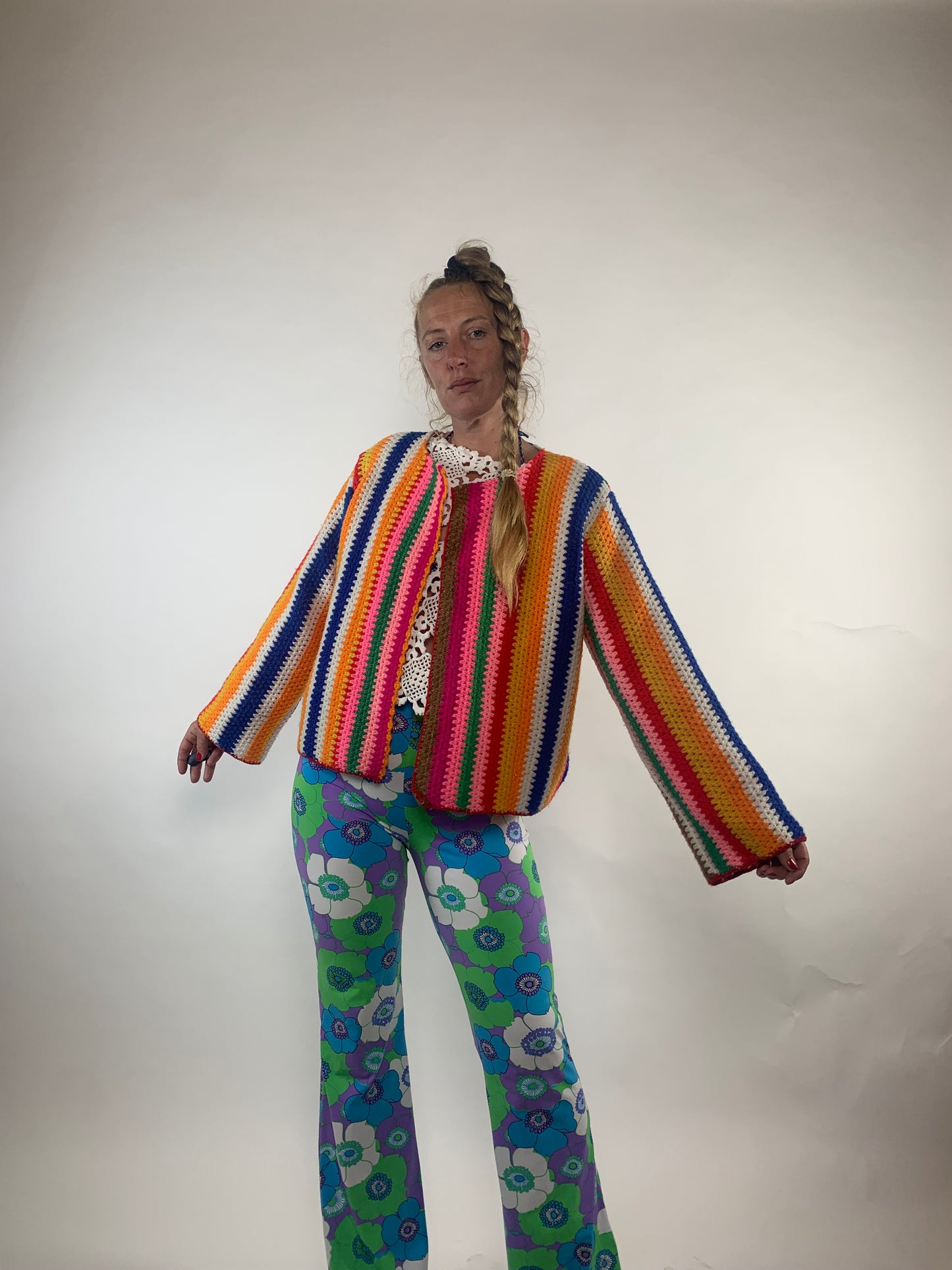 Vintage rainbow striped crochet cropped up-cycled jacket made by Vagabond Ibiza