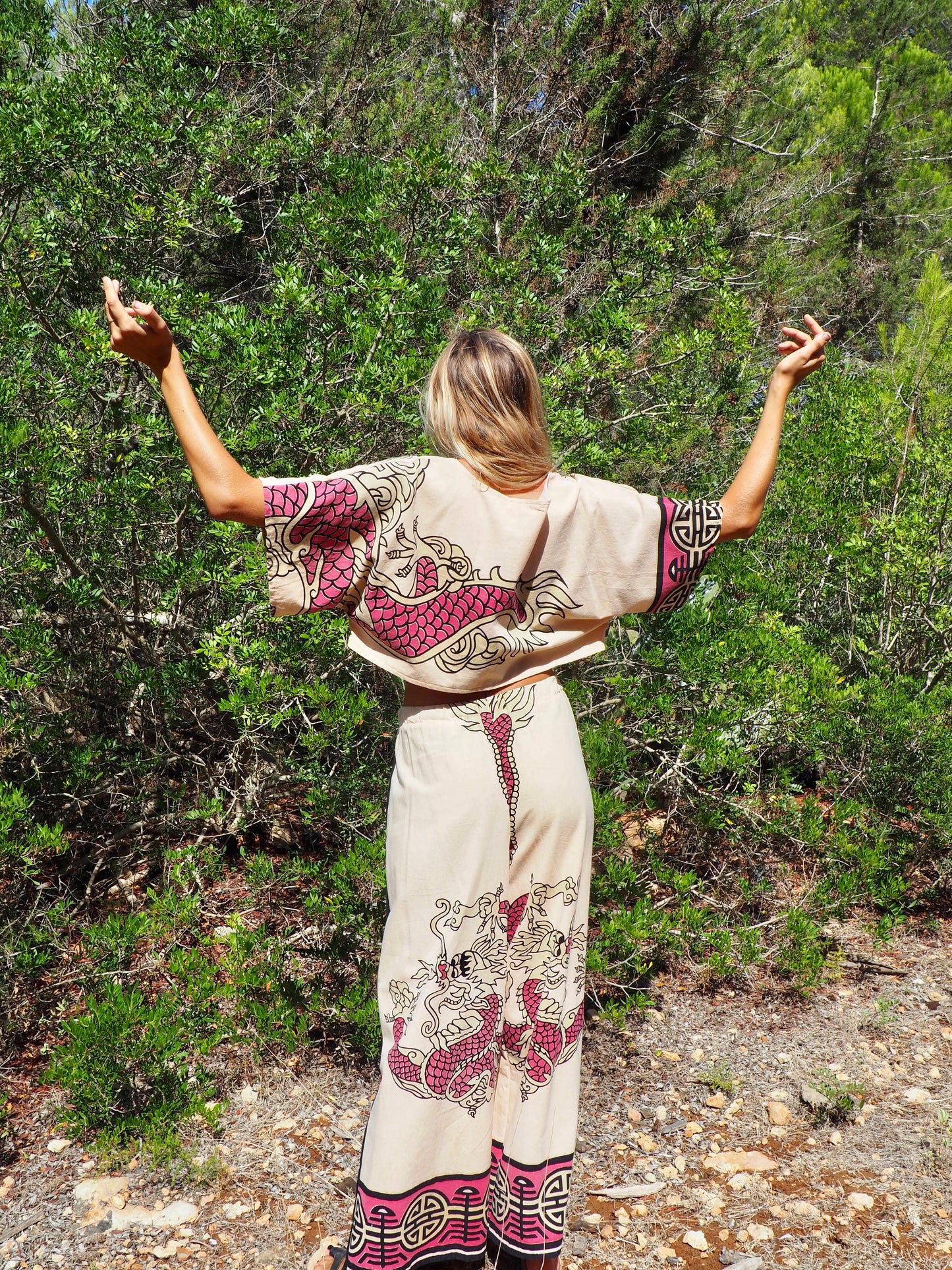 Up-cycled vintage cotton top cream and pink with dragon design by Vagabond Ibiza