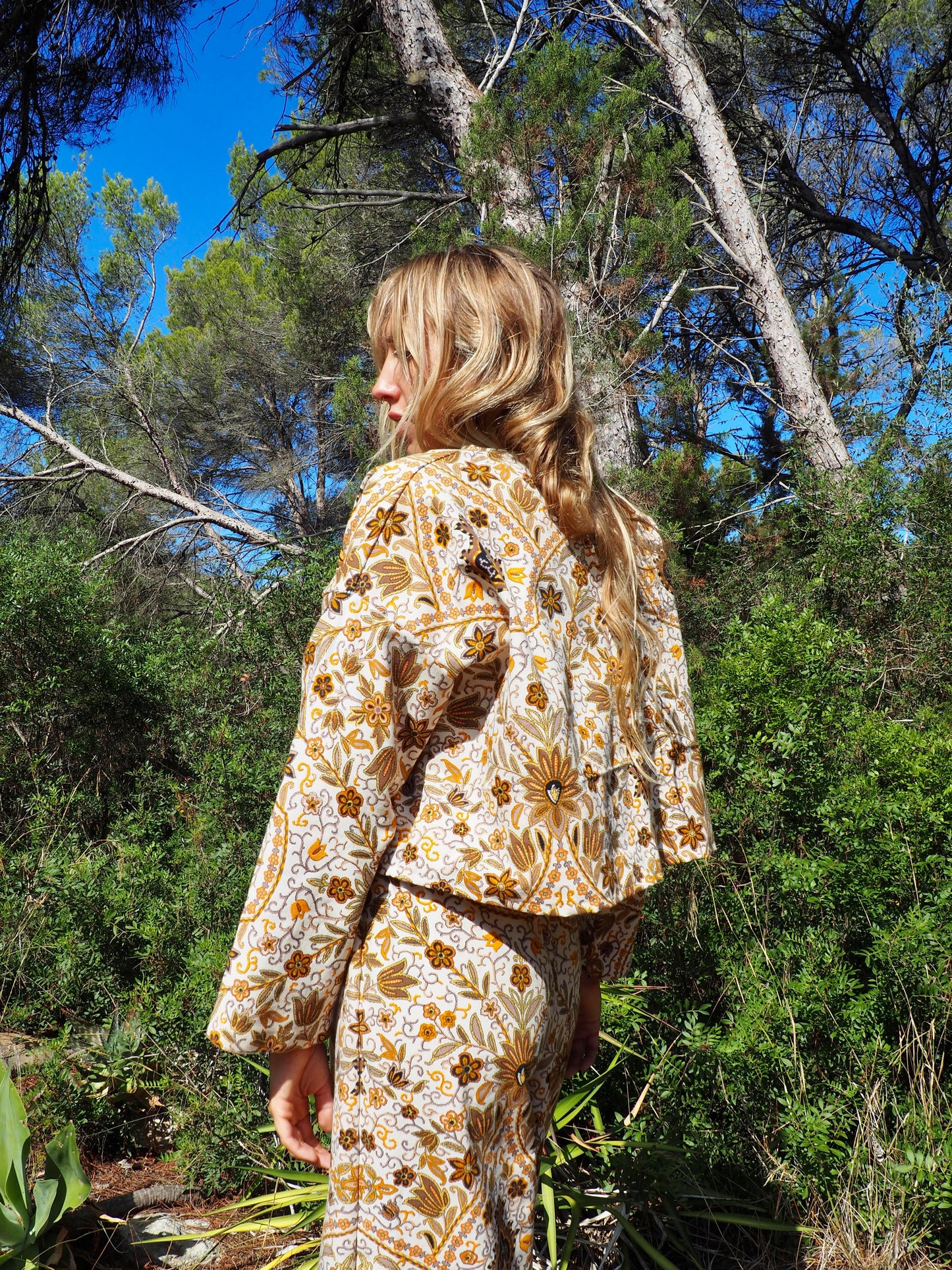 Up-cycled heavy cotton cropped jacket with Cream yellow and black floral printed design the textile is from france very nice quality by Vagabond Ibiza