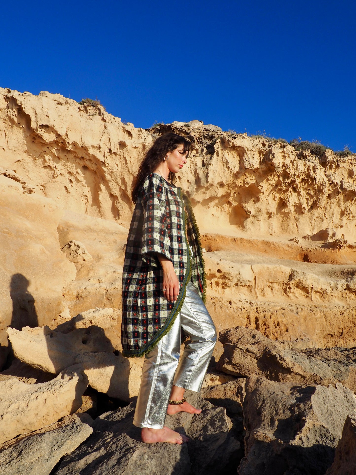 Up-cycled Vintage Long Full Jacket in Green, White, Black, and Red with Green Trim - Made by Vagabond Ibiza