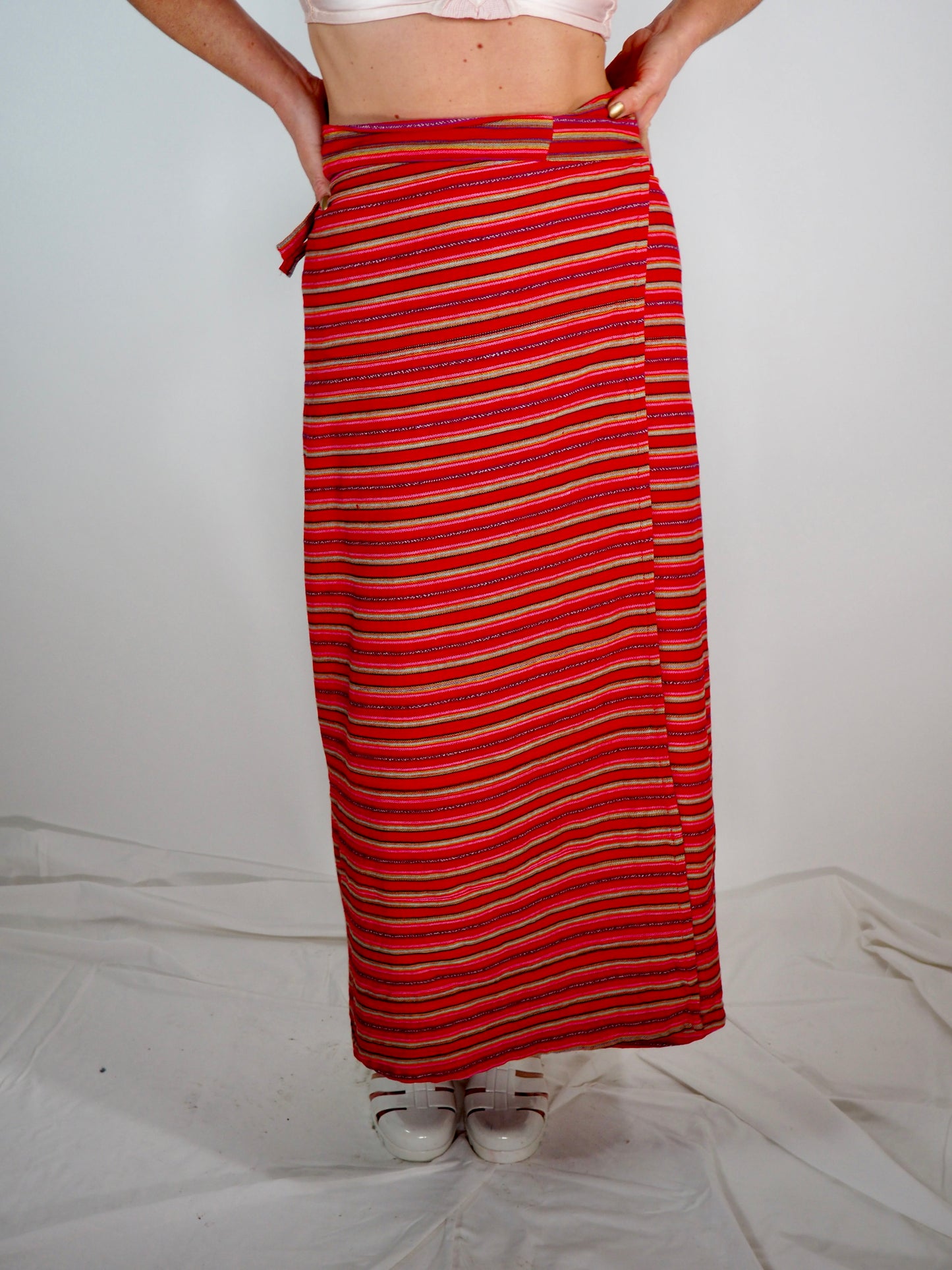 Vintage 1970s Cotton Woven Wrap Skirt – Red & Pink Striped