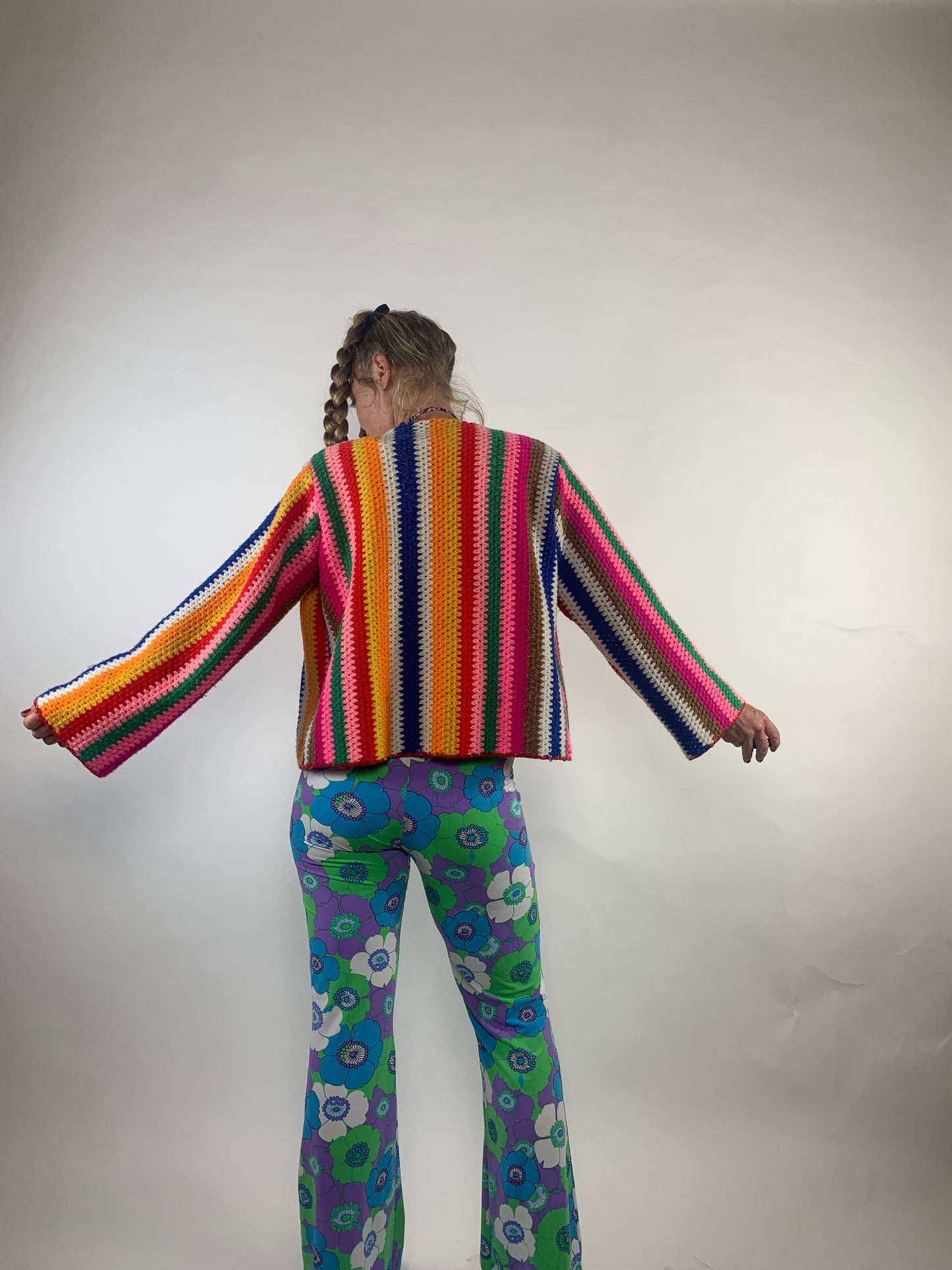 Vintage rainbow striped crochet cropped up-cycled jacket made by Vagabond Ibiza