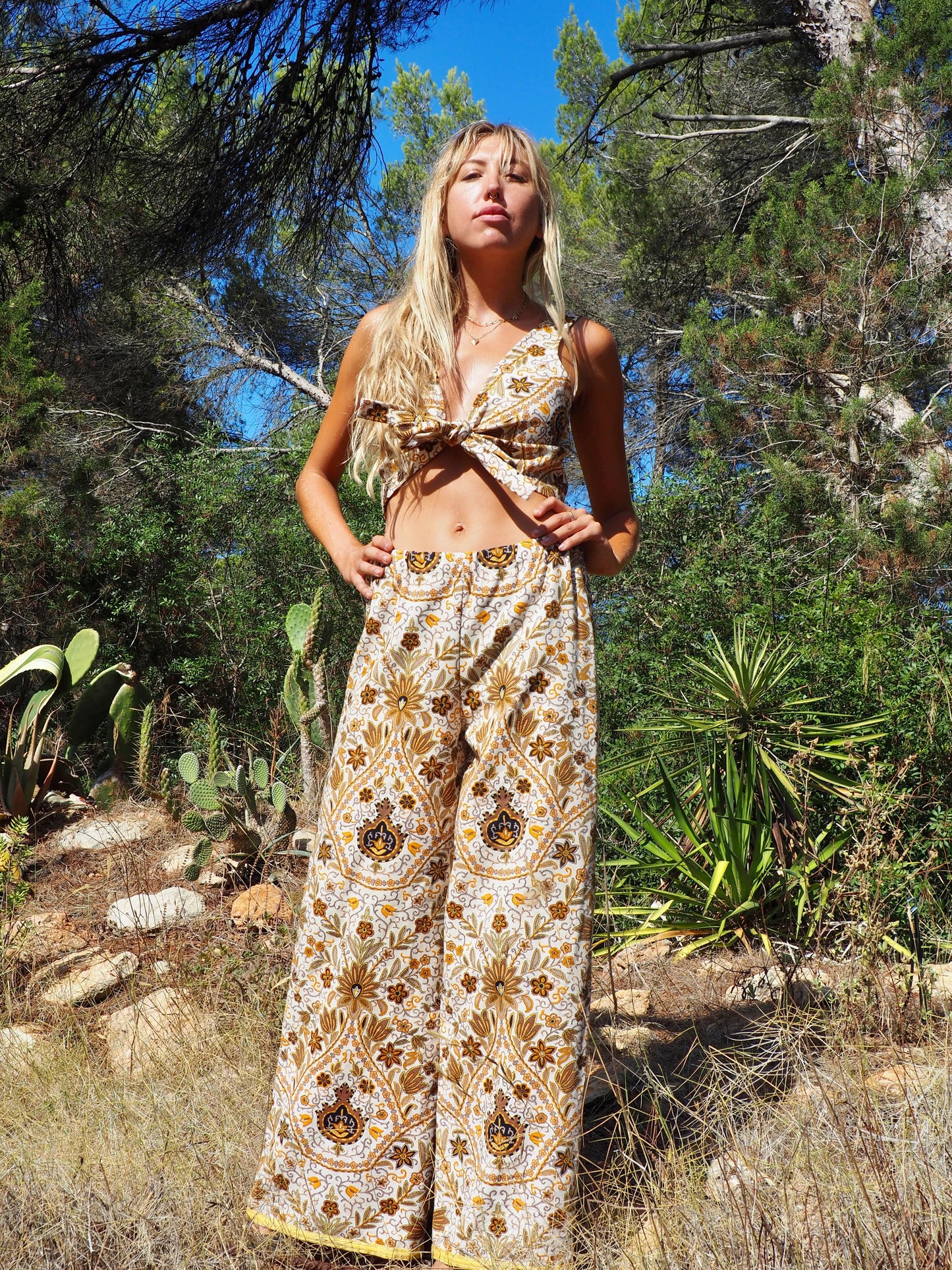 Up-cycled heavy cotton wide leg pants Cream yellow and black floral printed textiles from france very nice quality by Vagabond Ibiza made