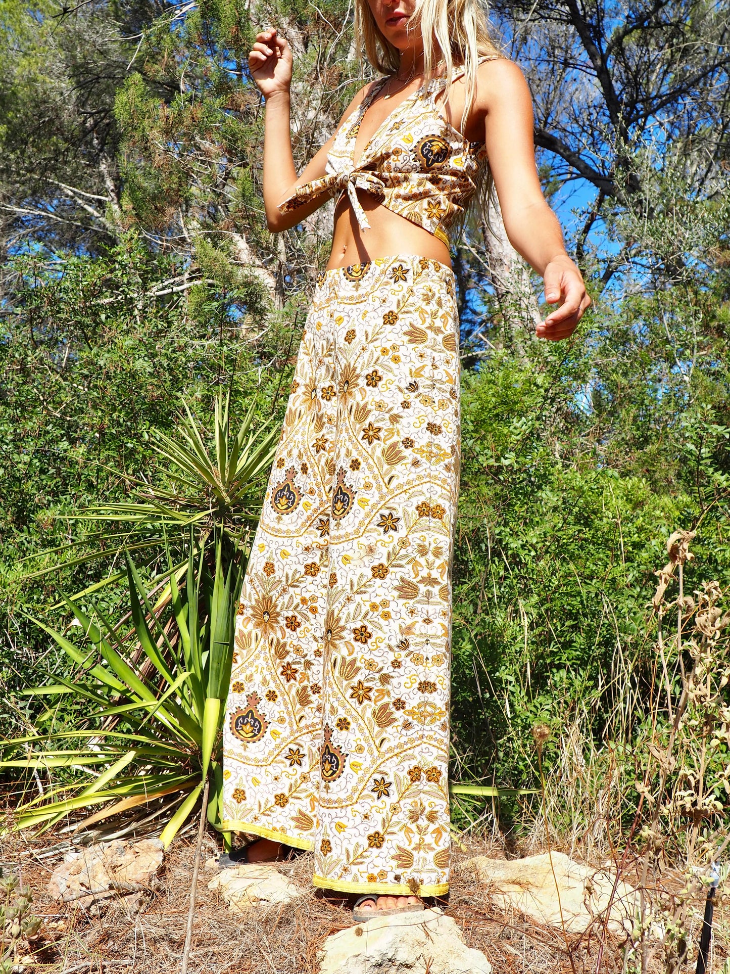Up-cycled heavy cotton wide leg pants Cream yellow and black floral printed textiles from france very nice quality by Vagabond Ibiza made