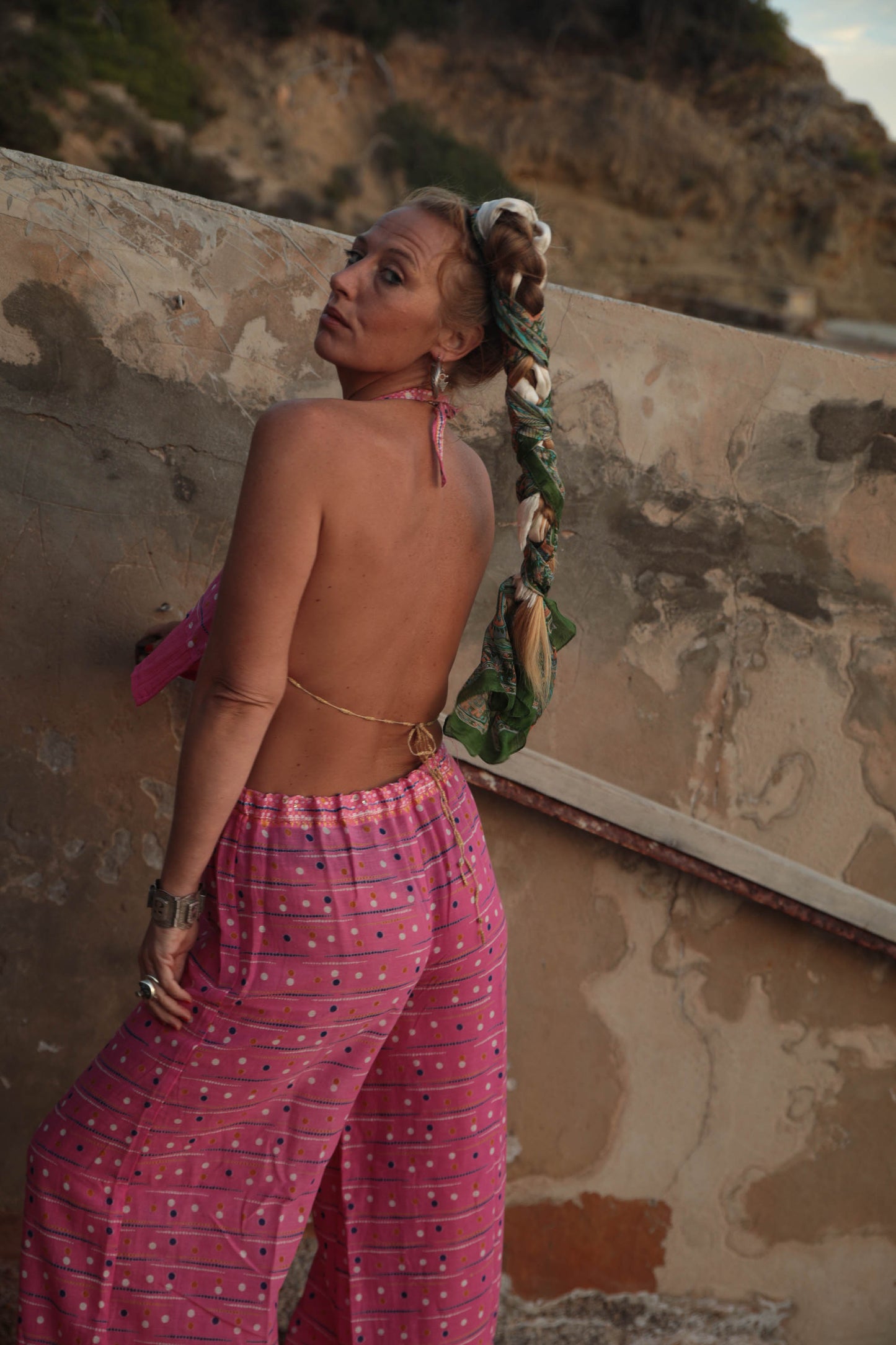 Up-cycled vintage cotton 2 piece set tie top and pants in super thin lightweight pink printed cotton perfect for beach days and vibes around Ibiza town.