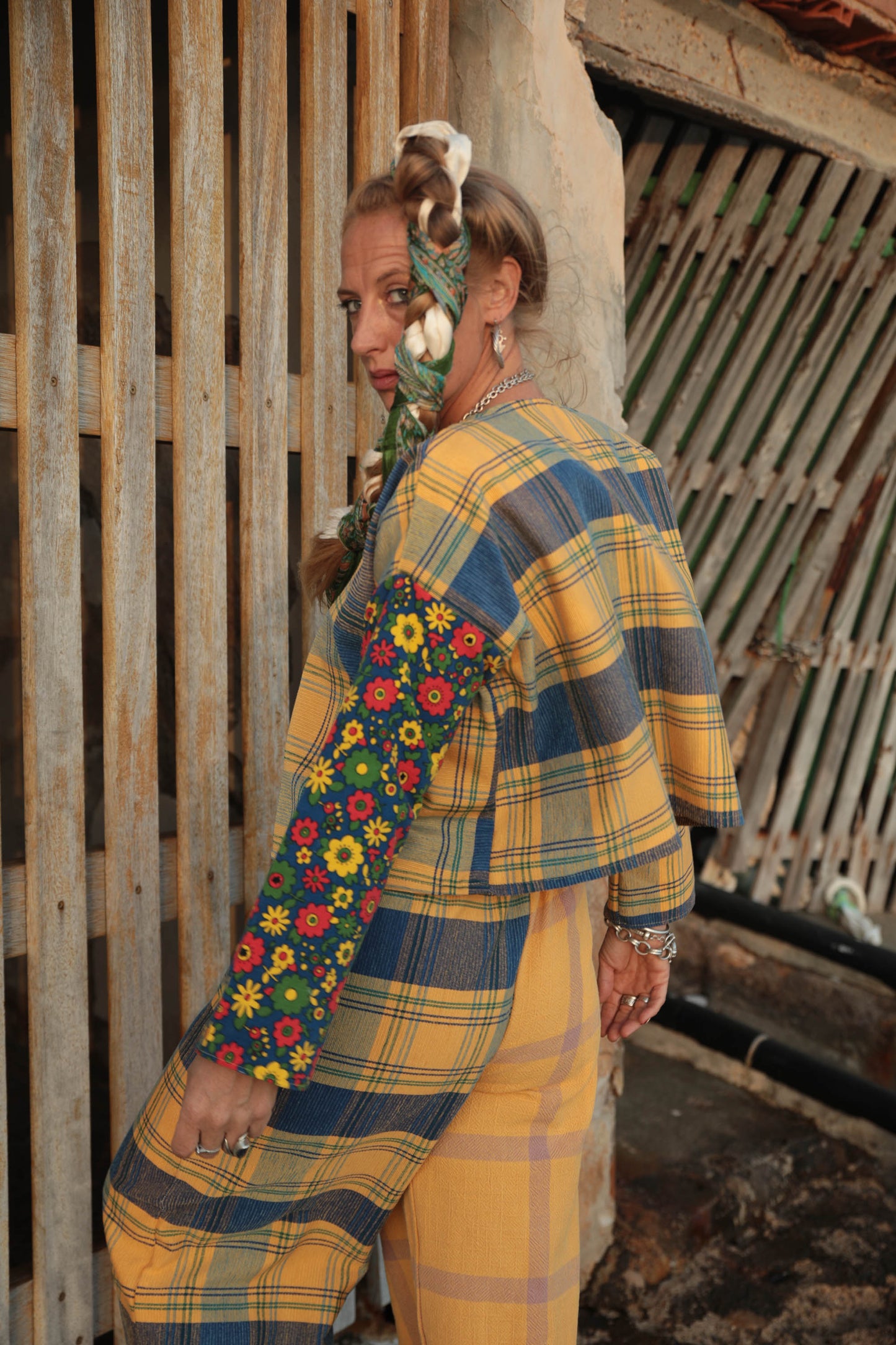 Up-cycled vintage yellow check cotton patchwork jackets with retro 1970’s floral print textiles panel's made by Vagabond Ibiza