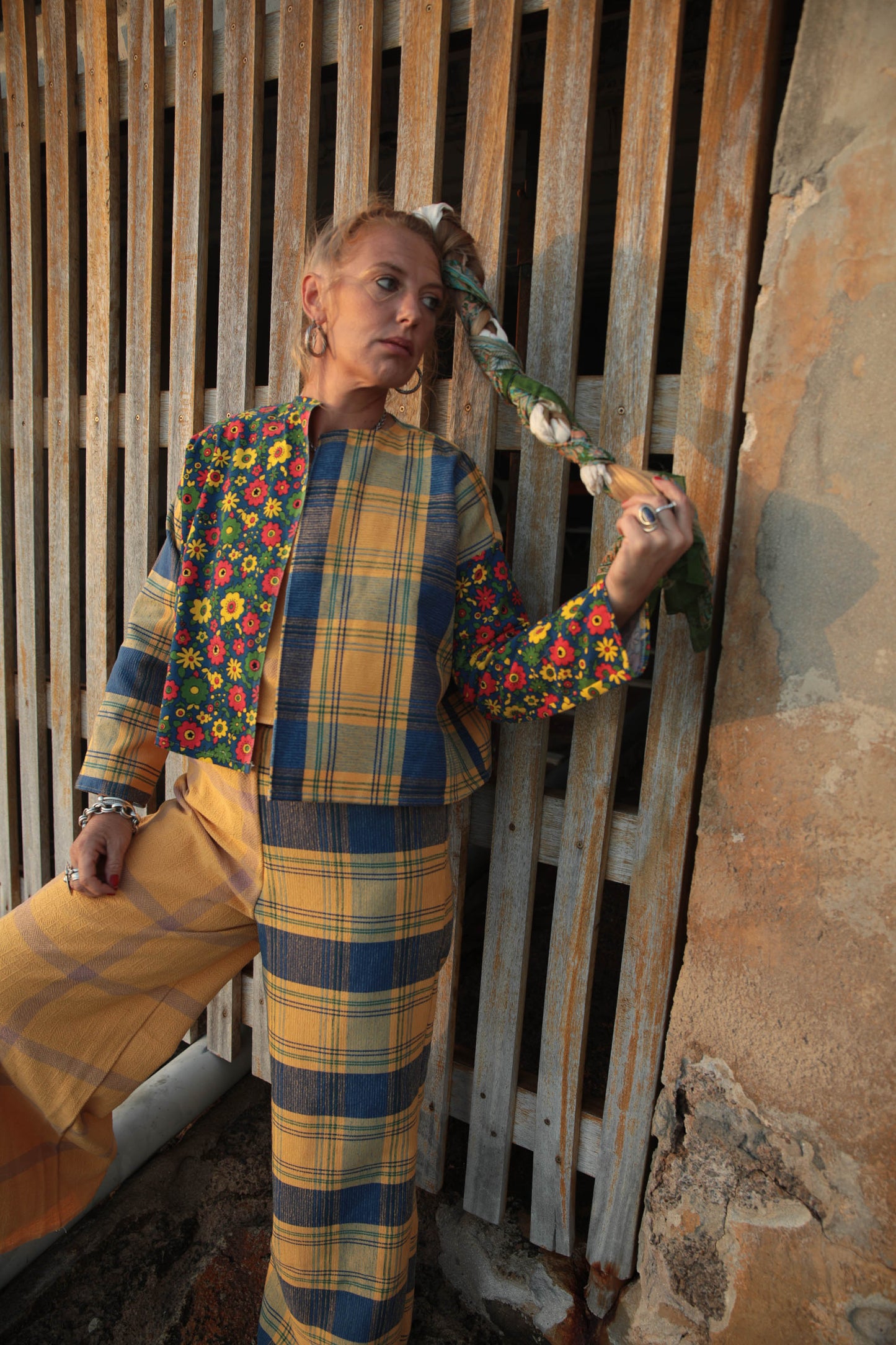 Up-cycled vintage yellow check cotton patchwork jackets with retro 1970’s floral print textiles panel's made by Vagabond Ibiza