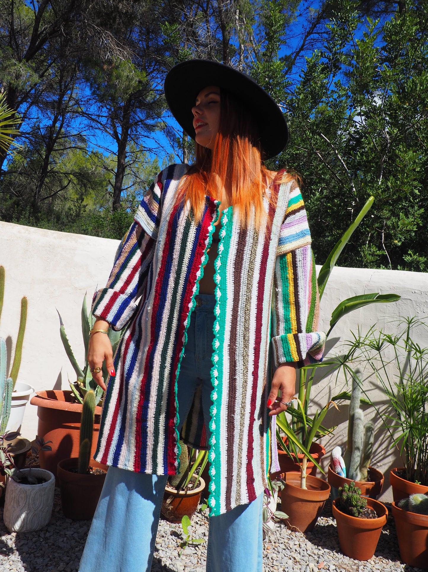 Vintage striped rainbow wool and cotton crochet jacket up-cycled by Vagabond Ibiza