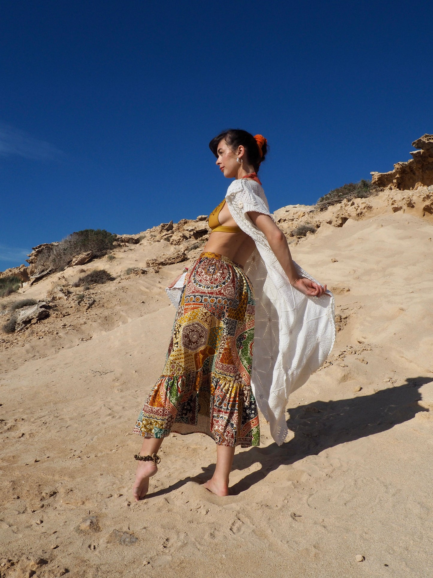 Vintage 1970s Cotton Patchwork Printed Maxi Skirt