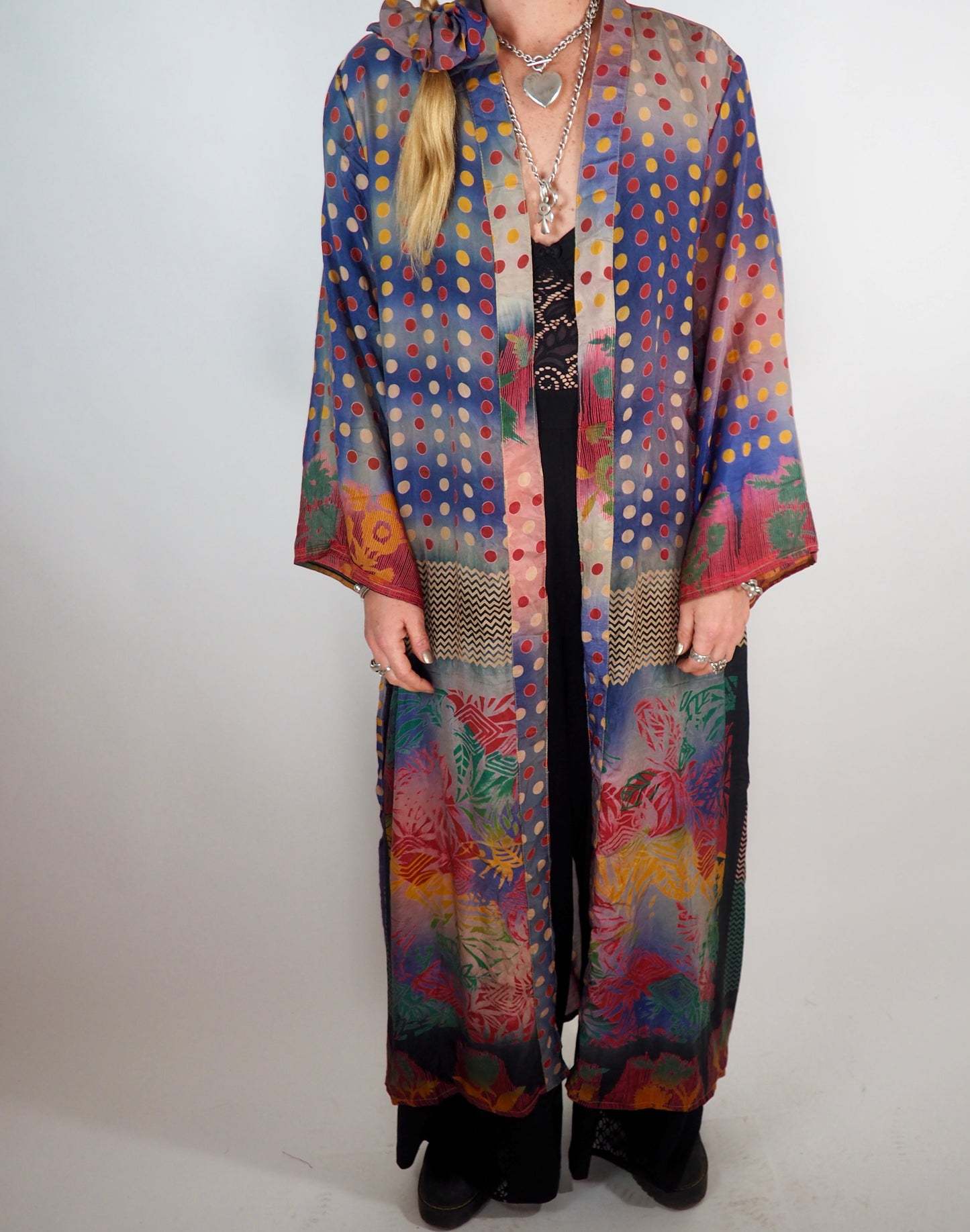 The Kardash Long Kimono – Up-cycled Vintage Sari long Kimono Robe with Waist Tie + Matching Scrunchy & Storage Bag