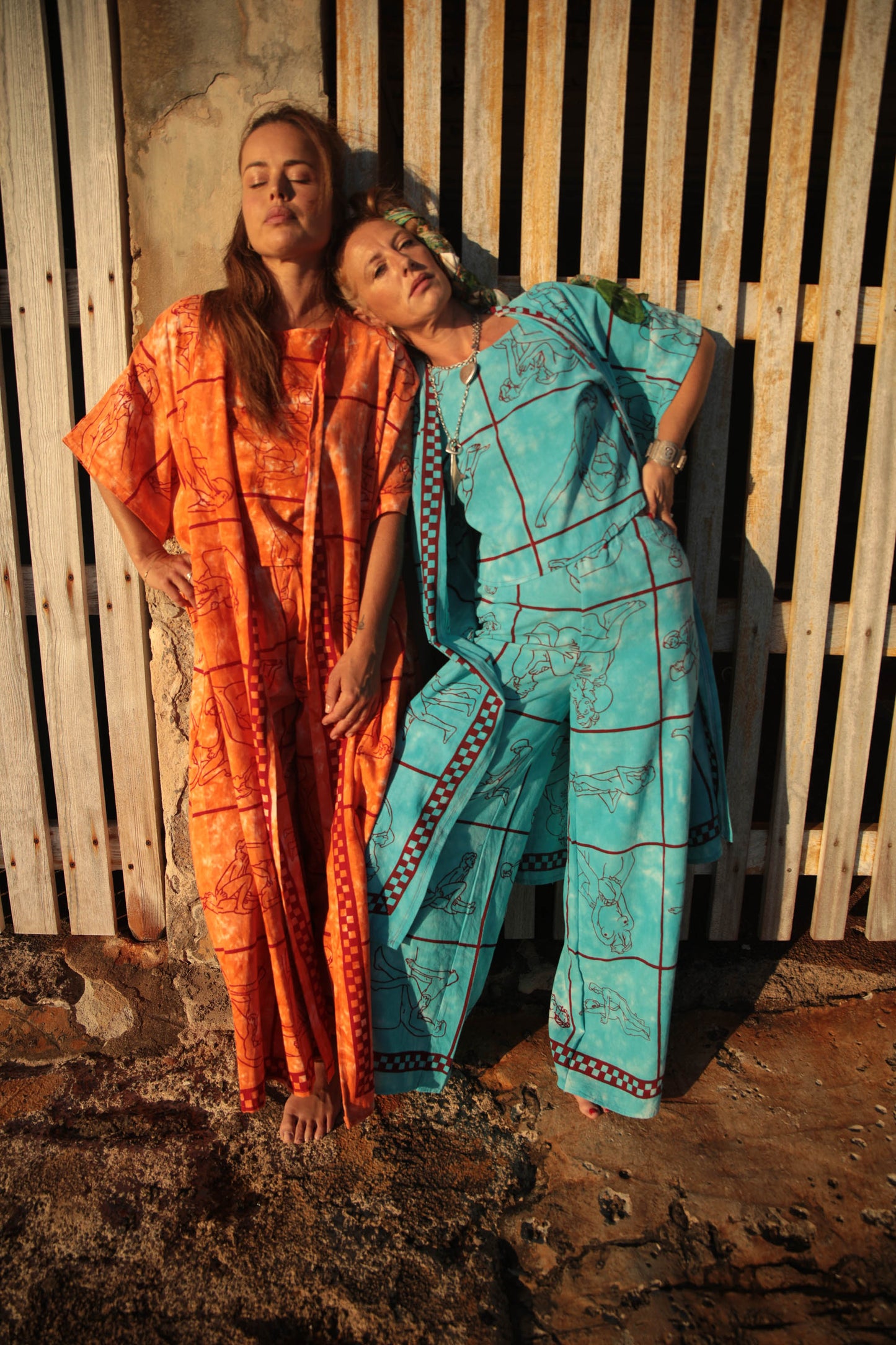 Up-cycled vintage cotton 2 piece set top and length kimono cover up with printed karma sutra design in bright blue pants sold separate