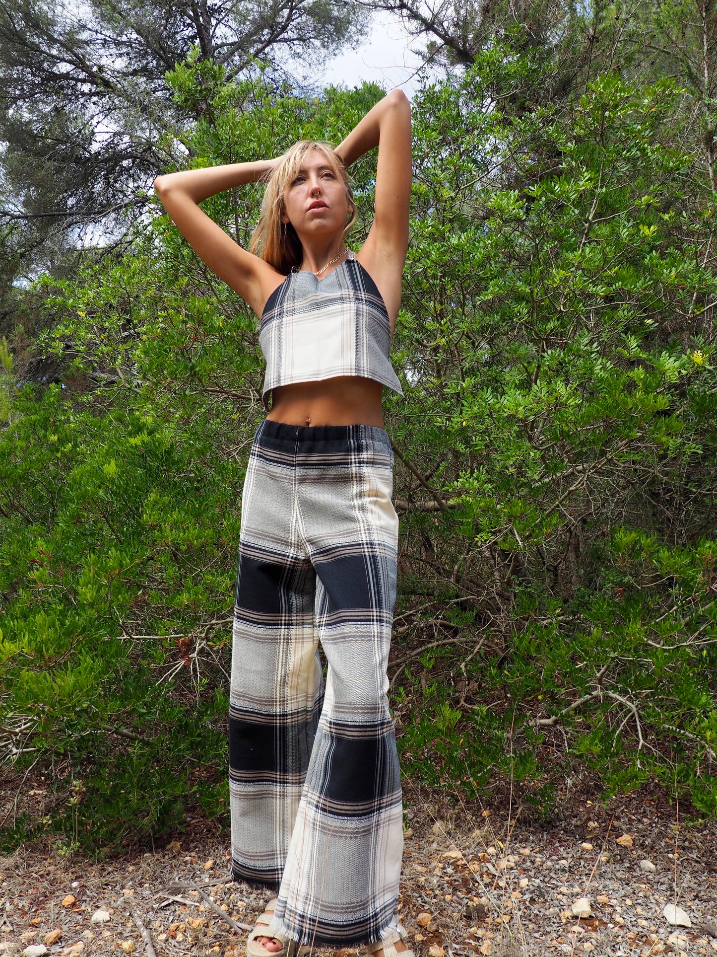 Up-cycled black and white checked tie crop top with nice quality a high end woven made by Vagabond Ibiza