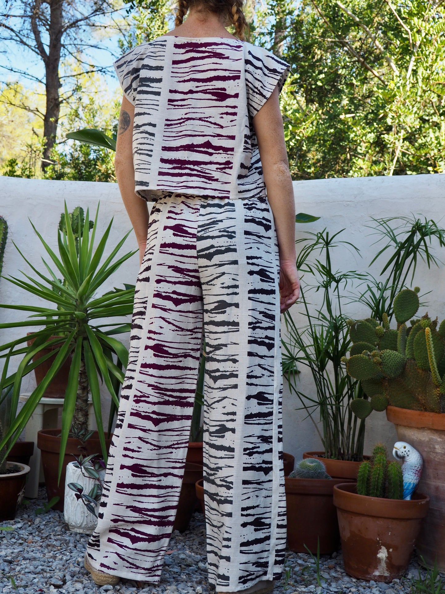 Super nice linen fabric with abstract print up-cycled t-shirt top made by Vagabond Ibiza