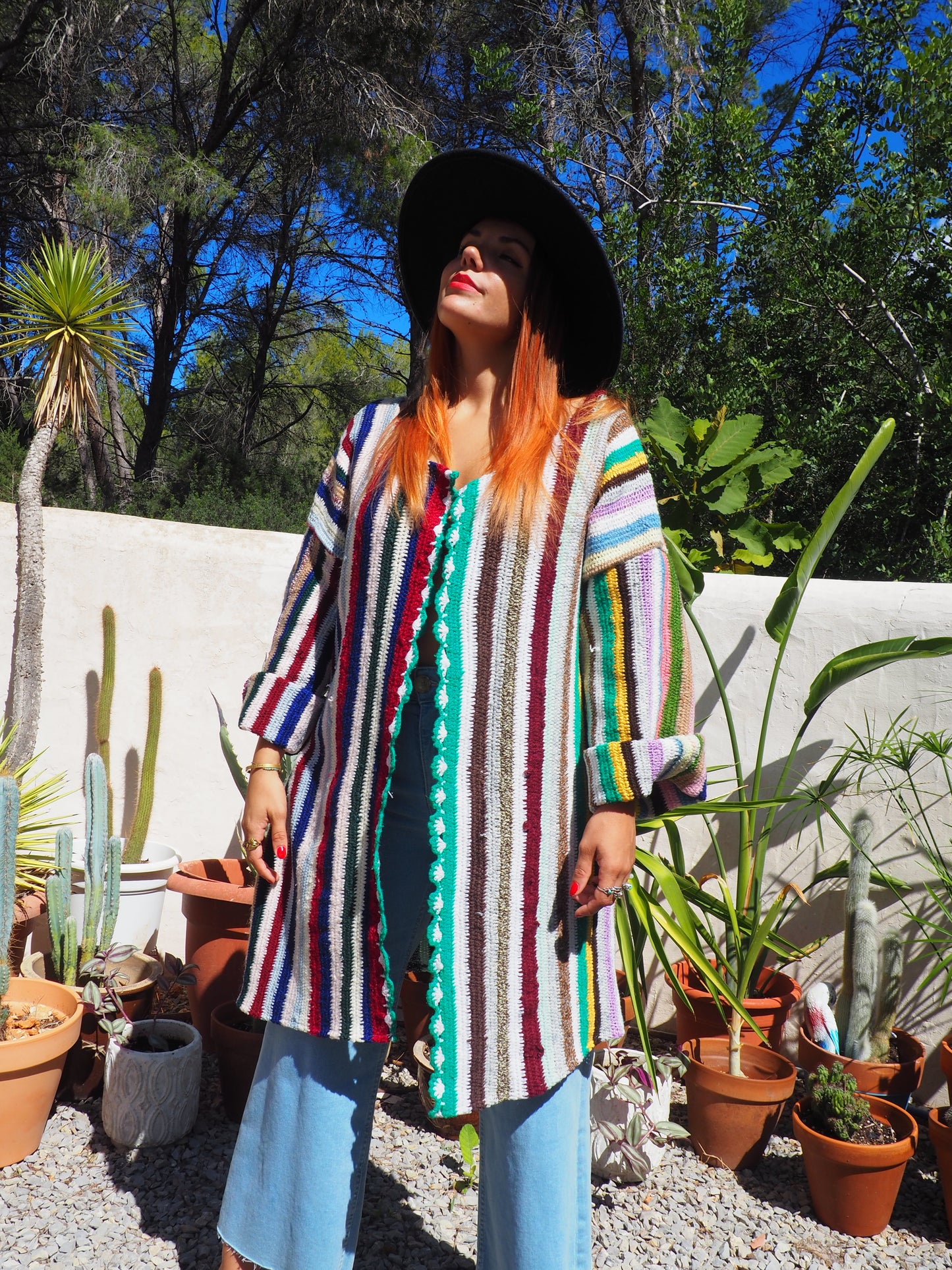 Vintage striped rainbow wool and cotton crochet jacket up-cycled by Vagabond Ibiza
