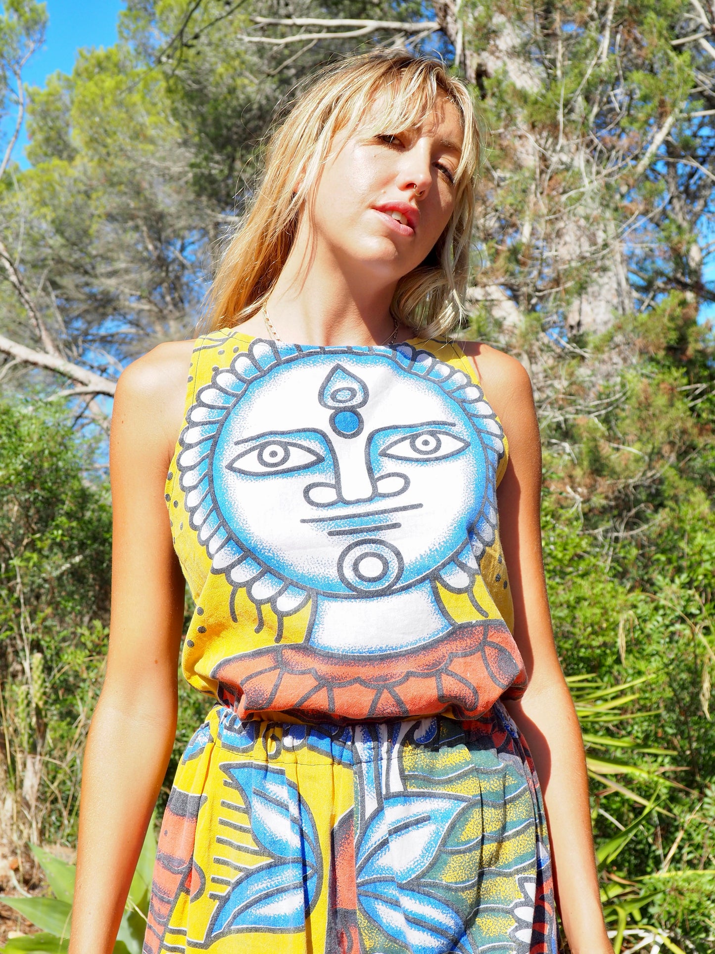 Up-cycled cotton funky bright colourful patchwork printed vest t-shirt top by Vagabond Ibiza