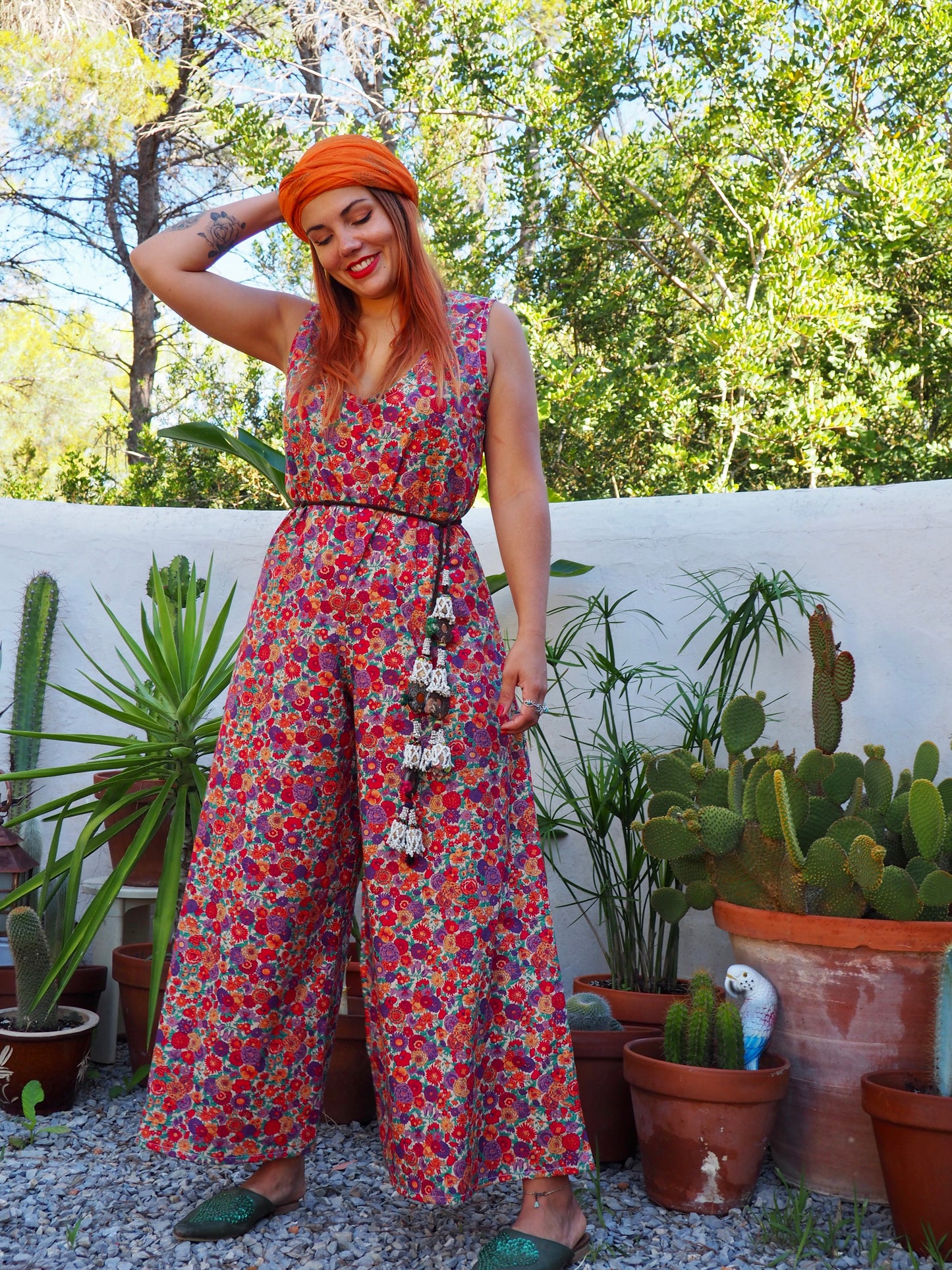 Vintage floral printed jumpsuits with wide leg pants and zip in back for fit up-cycled by Vagabond Ibiza