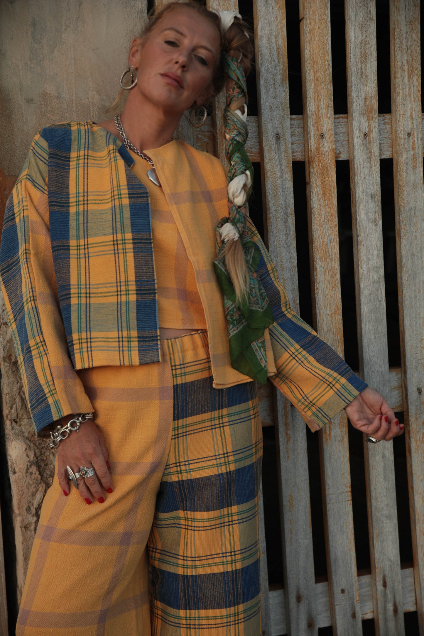Up-cycled vintage cotton short jackets only from vintage textiles patch together with a yellow and blue checked design.