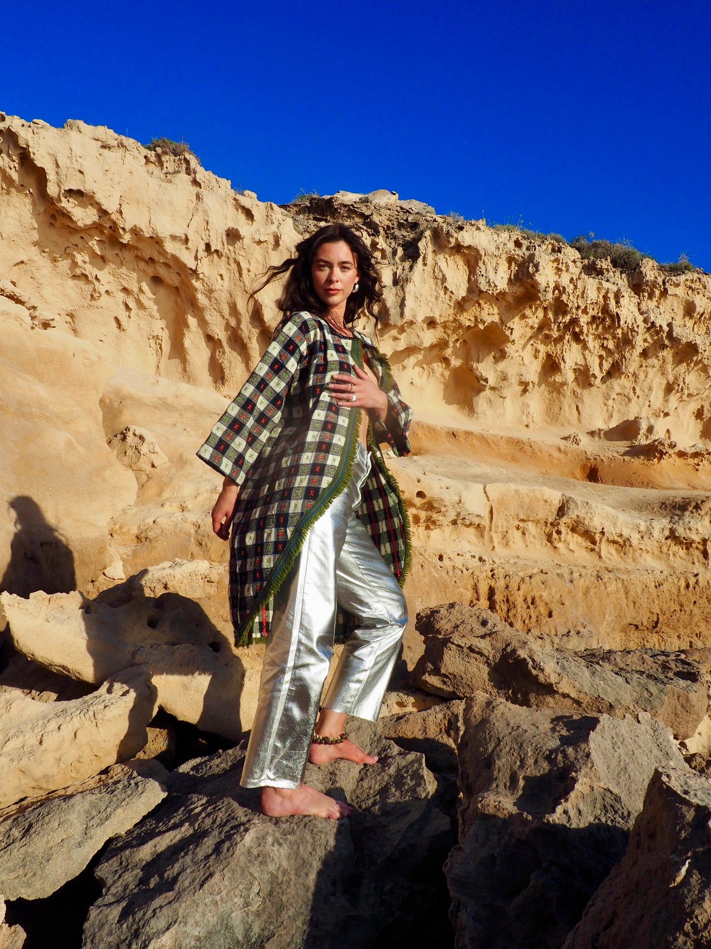 Up-cycled Vintage Long Full Jacket in Green, White, Black, and Red with Green Trim - Made by Vagabond Ibiza
