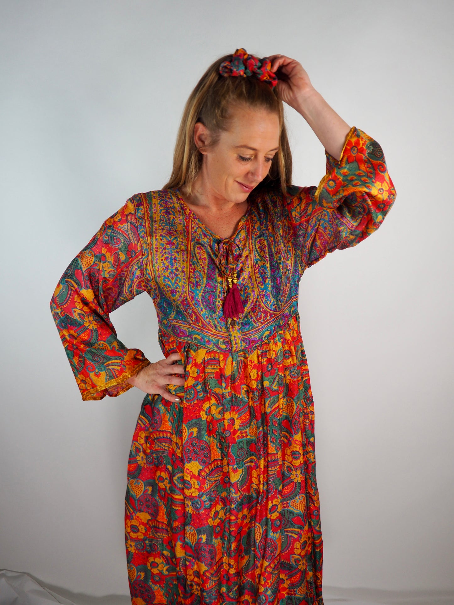 The Vadella Up-cycled Vintage Re-cycled Sari Maxi Dress – Sustainable Boho Dress with Tie Neck Detail + Matching Scrunchy & Bag