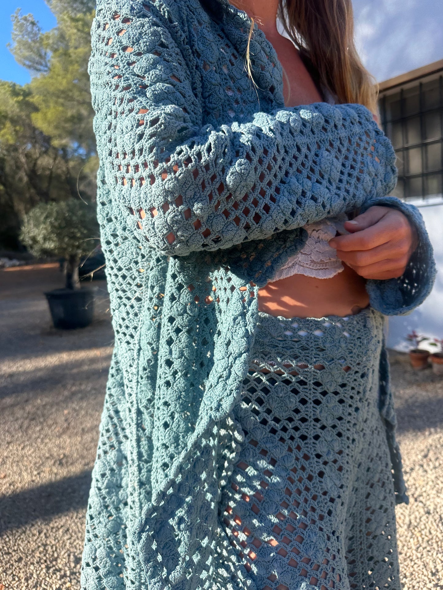 Vintage crochet textiles up-cycled wide leg pants dyed and made by vagabond Ibiza at our studio