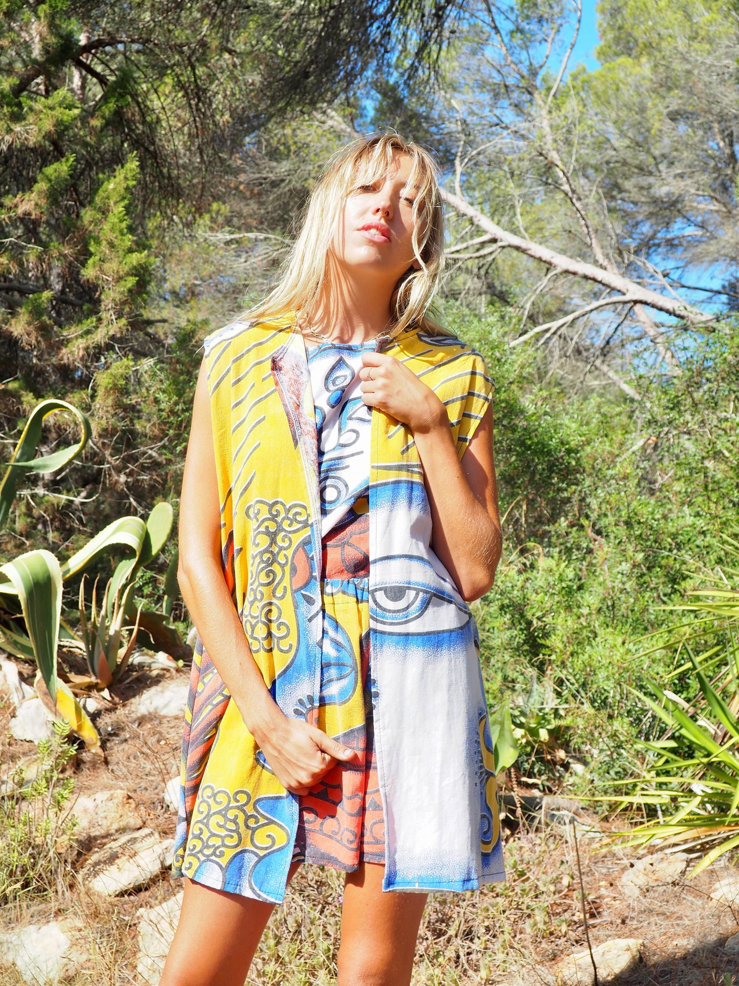 Up-cycled cotton funky bright colourful printed long waistcoat by Vagabond Ibiza
