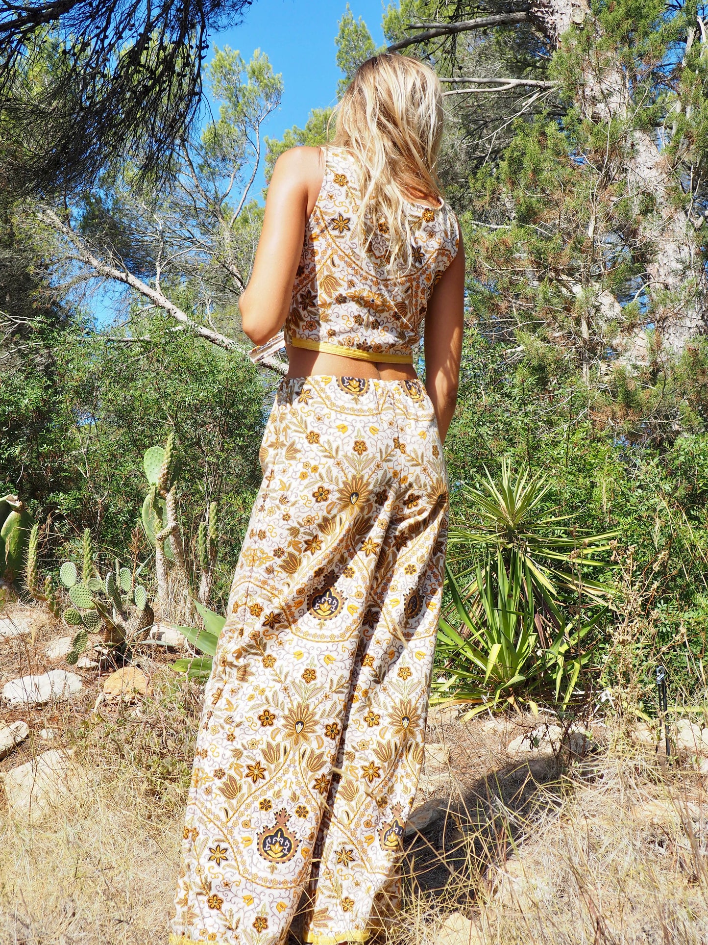Up-cycled heavy cotton wide leg pants Cream yellow and black floral printed textiles from france very nice quality by Vagabond Ibiza made