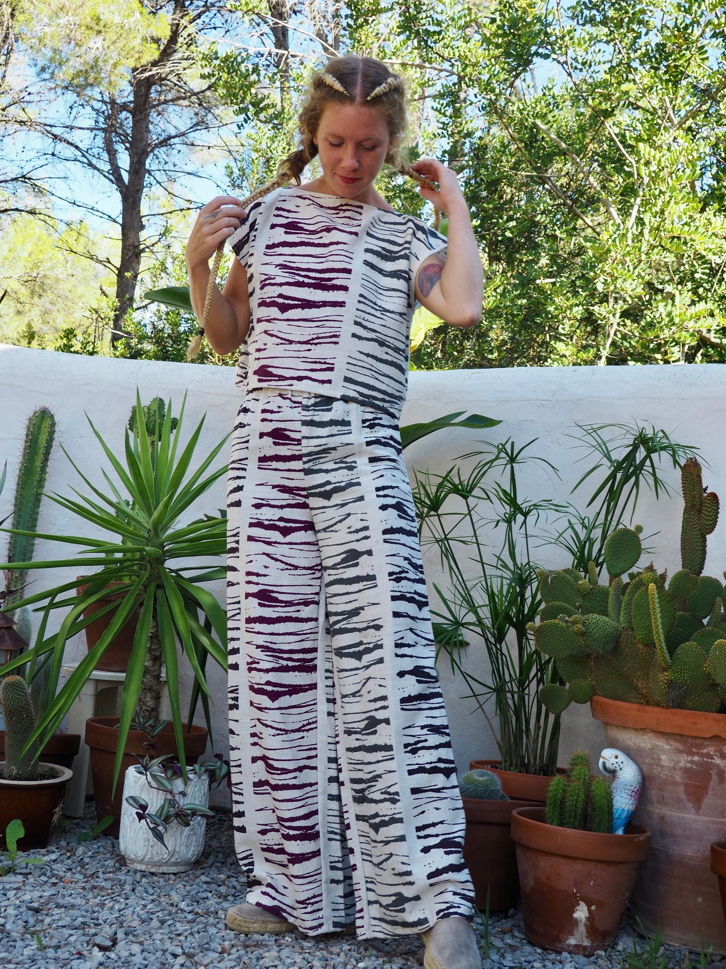 Super nice linen fabric with abstract print up-cycled t-shirt top made by Vagabond Ibiza