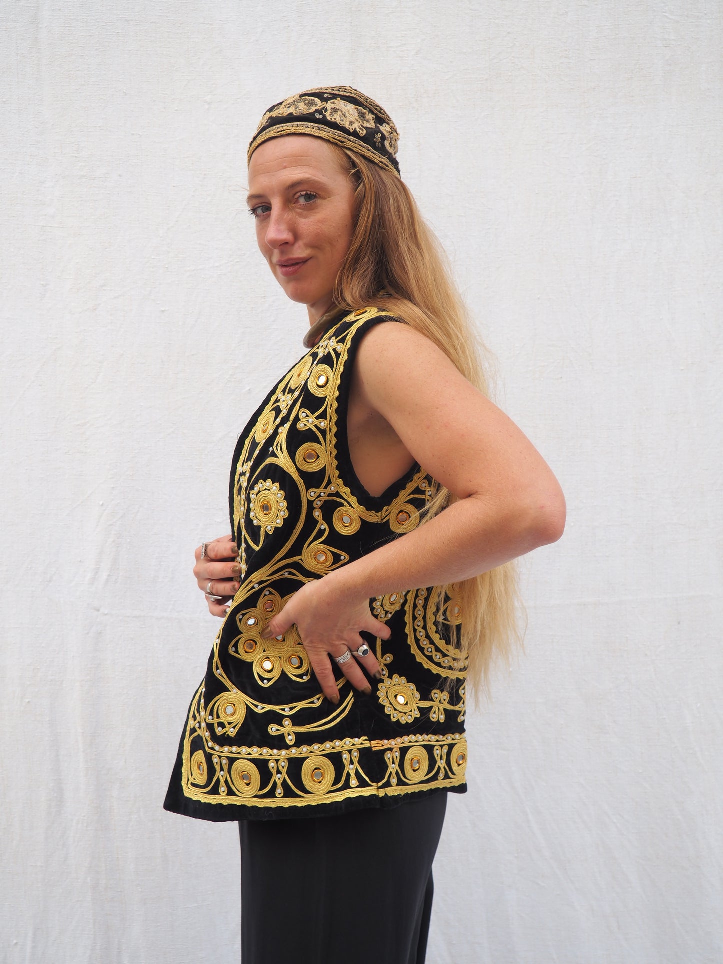 Vintage Black Velvet Waistcoat with Gold Embroidery