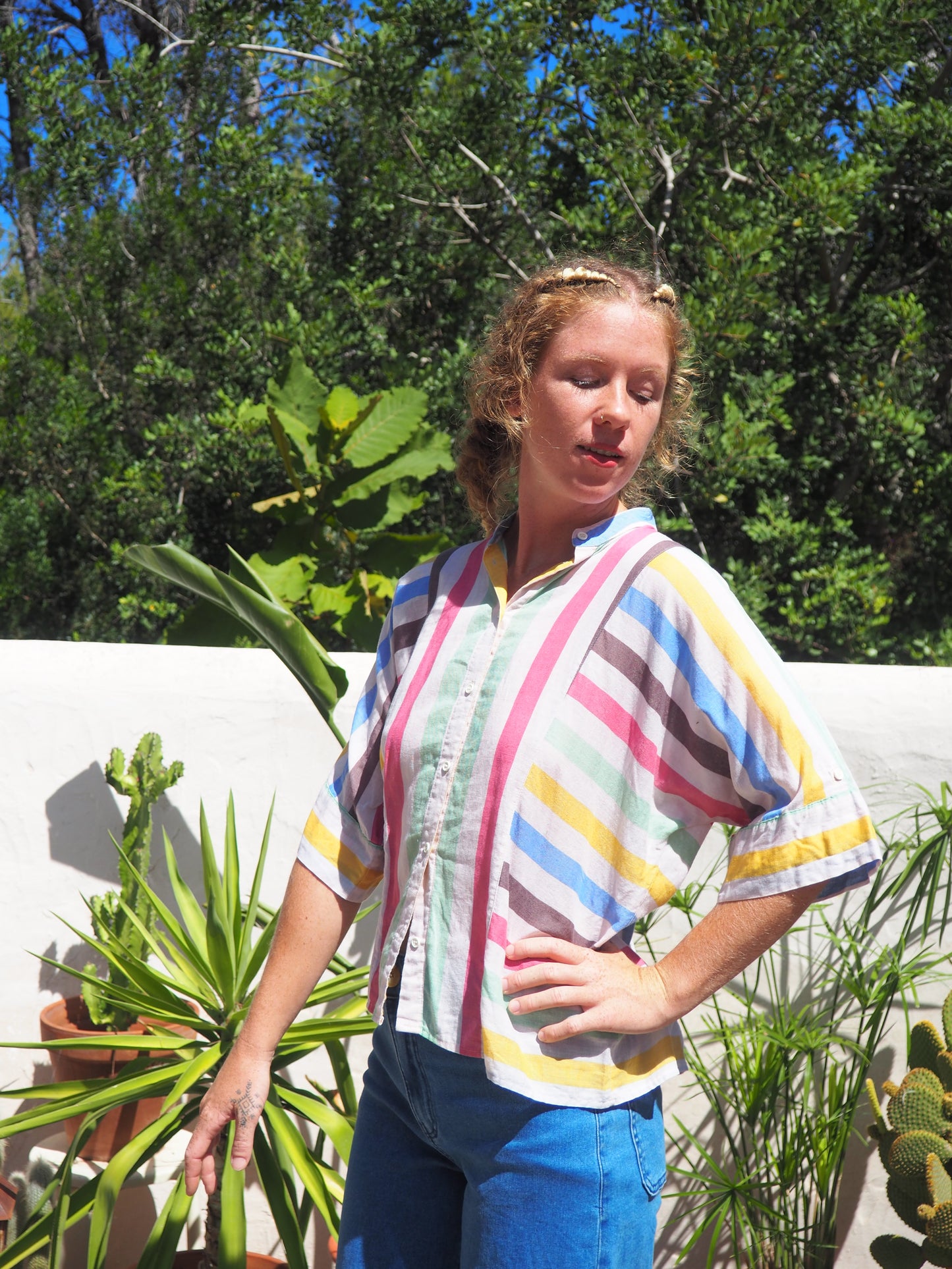 Vintage early 80’s fine cotton rainbow striped shirt with 80’s style sleeve details