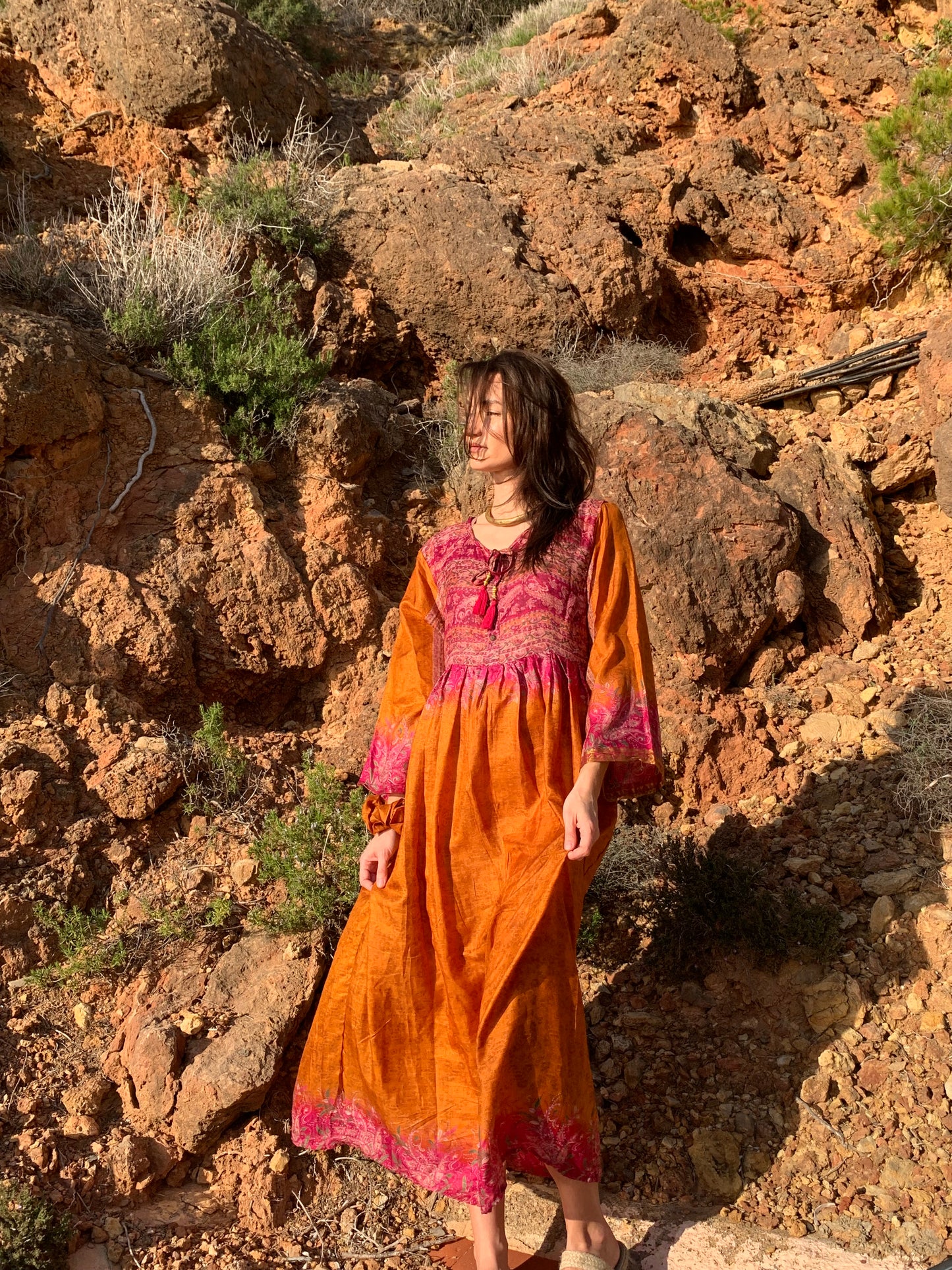 The Vadella Up-cycled Vintage Re-cycled Sari Maxi Dress – Sustainable Boho Dress with Tie Neck Detail + Matching Scrunchy & Bag