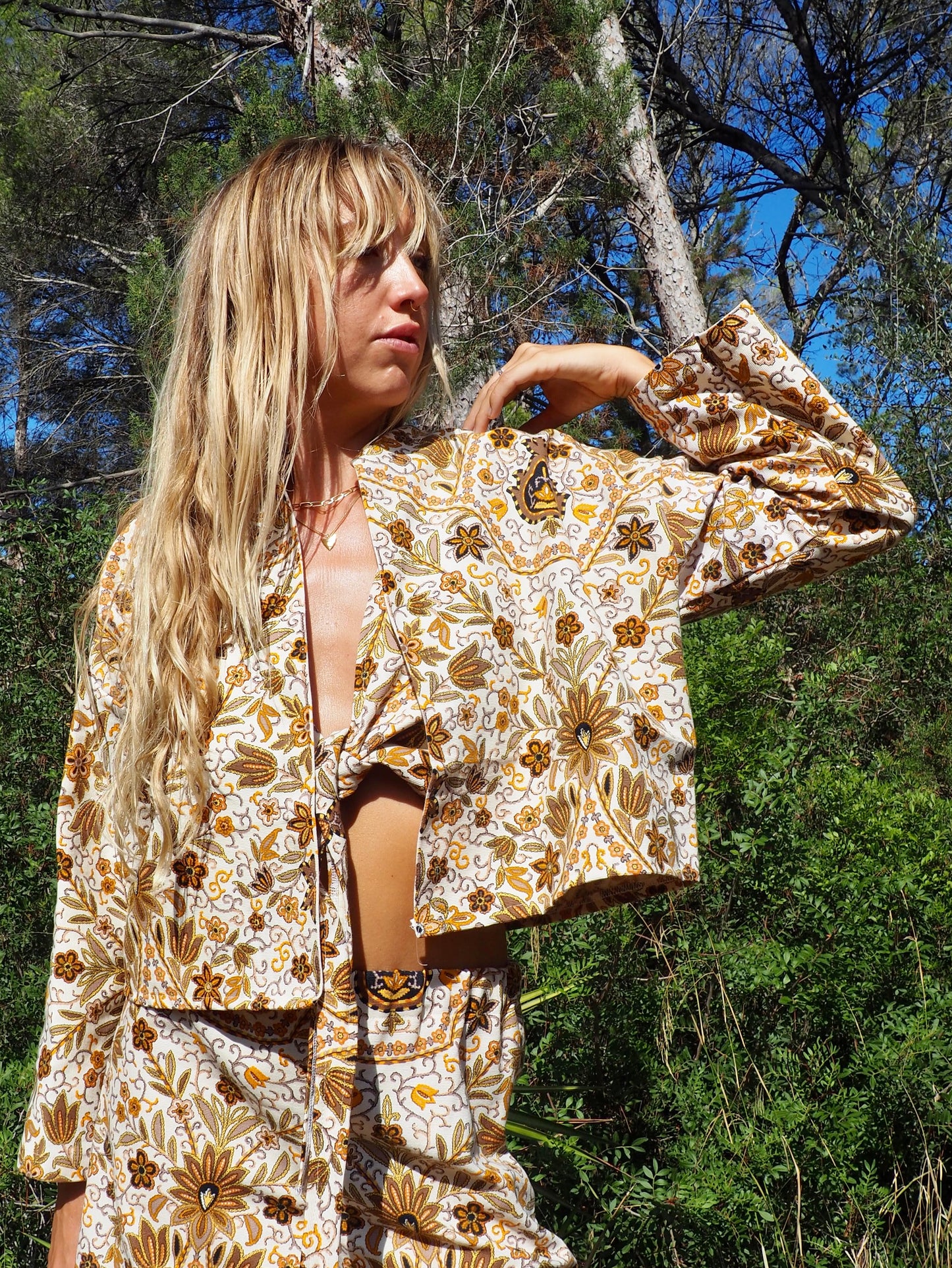 Up-cycled heavy cotton cropped jacket with Cream yellow and black floral printed design the textile is from france very nice quality by Vagabond Ibiza