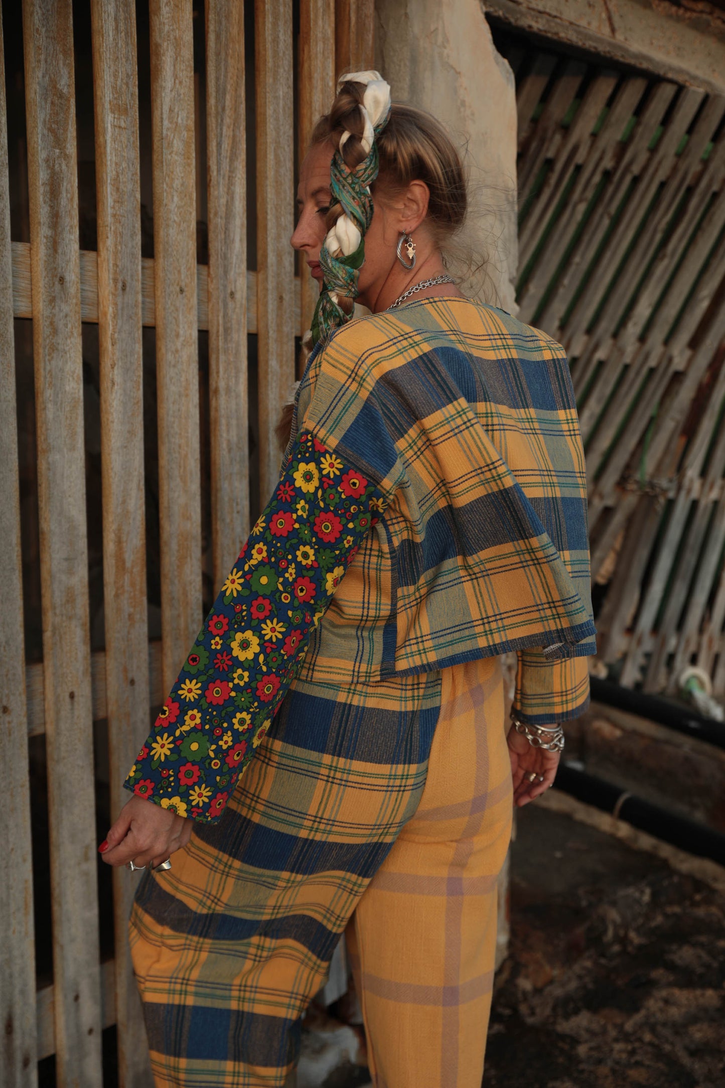 Up-cycled vintage yellow check cotton patchwork jackets with retro 1970’s floral print textiles panel's made by Vagabond Ibiza