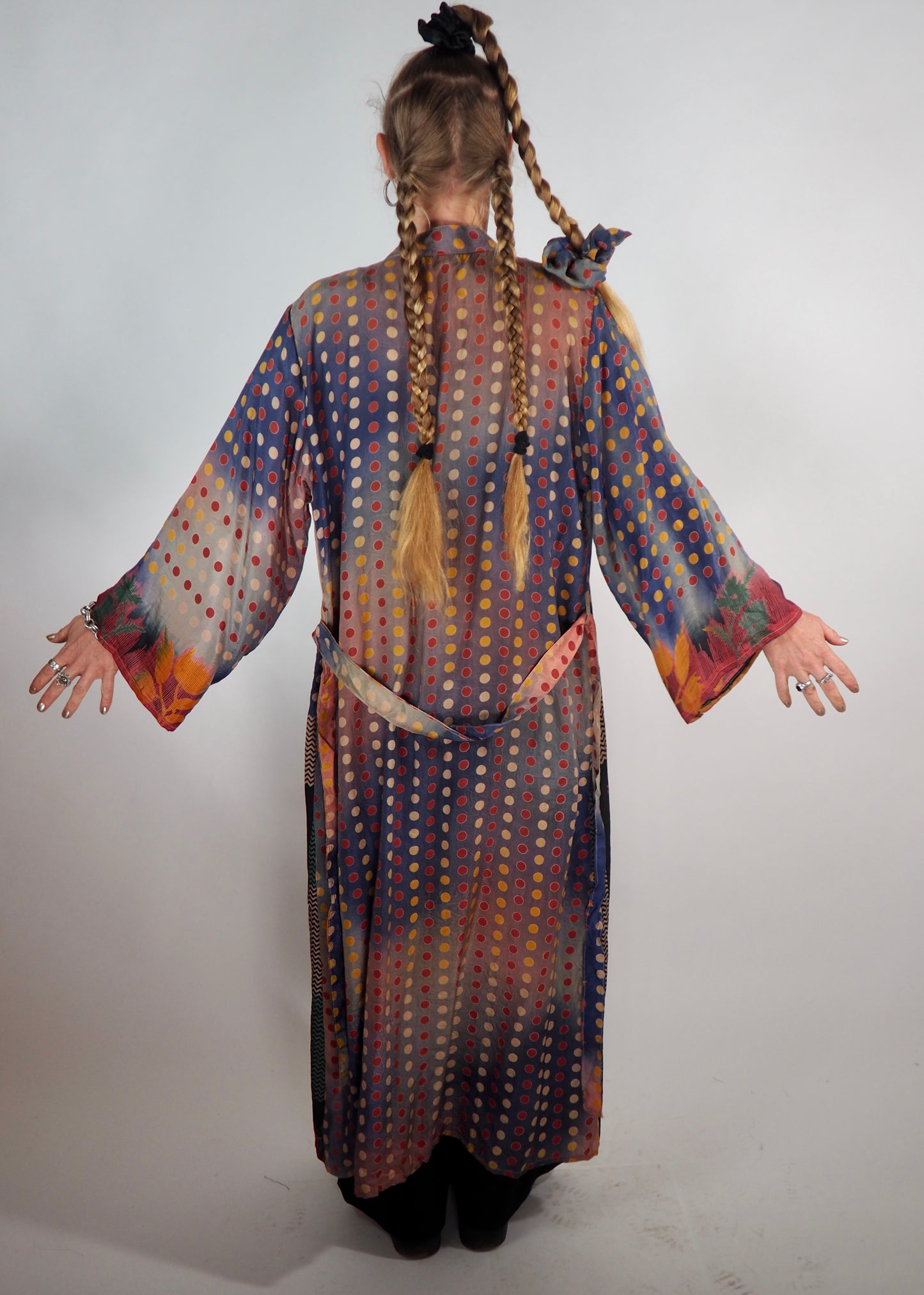 The Kardash Long Kimono – Up-cycled Vintage Sari long Kimono Robe with Waist Tie + Matching Scrunchy & Storage Bag
