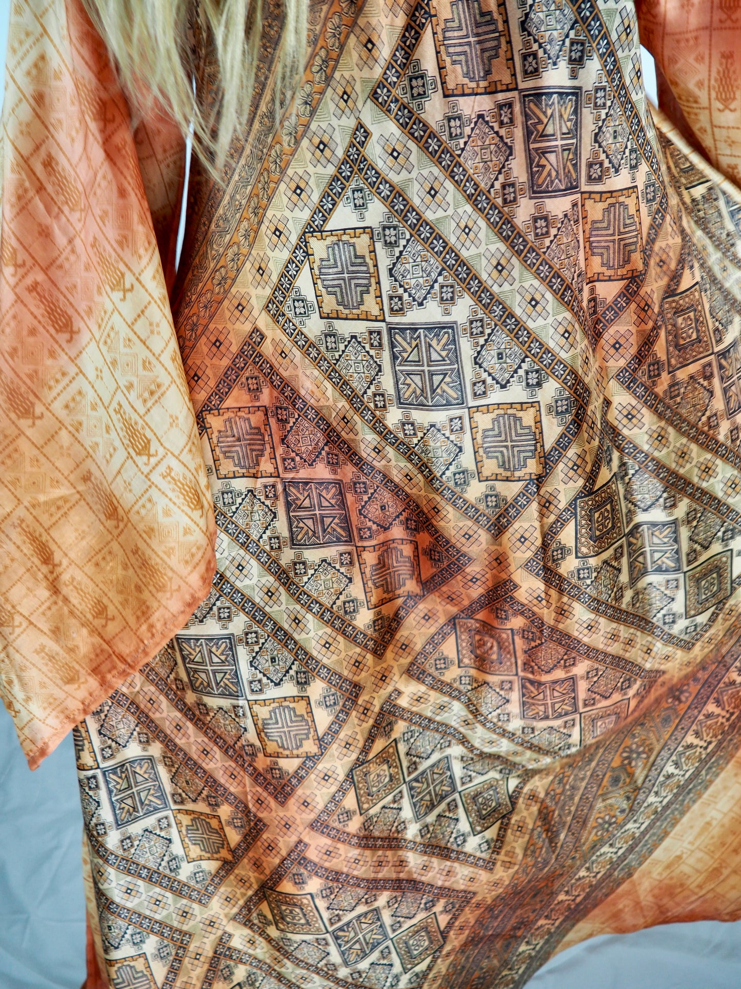 The Diamond Bias-Cut Maxi Dress – Up-cycled Vintage Sari Sustainable Dress with angel Sleeves + Matching Scrunchy & Bag