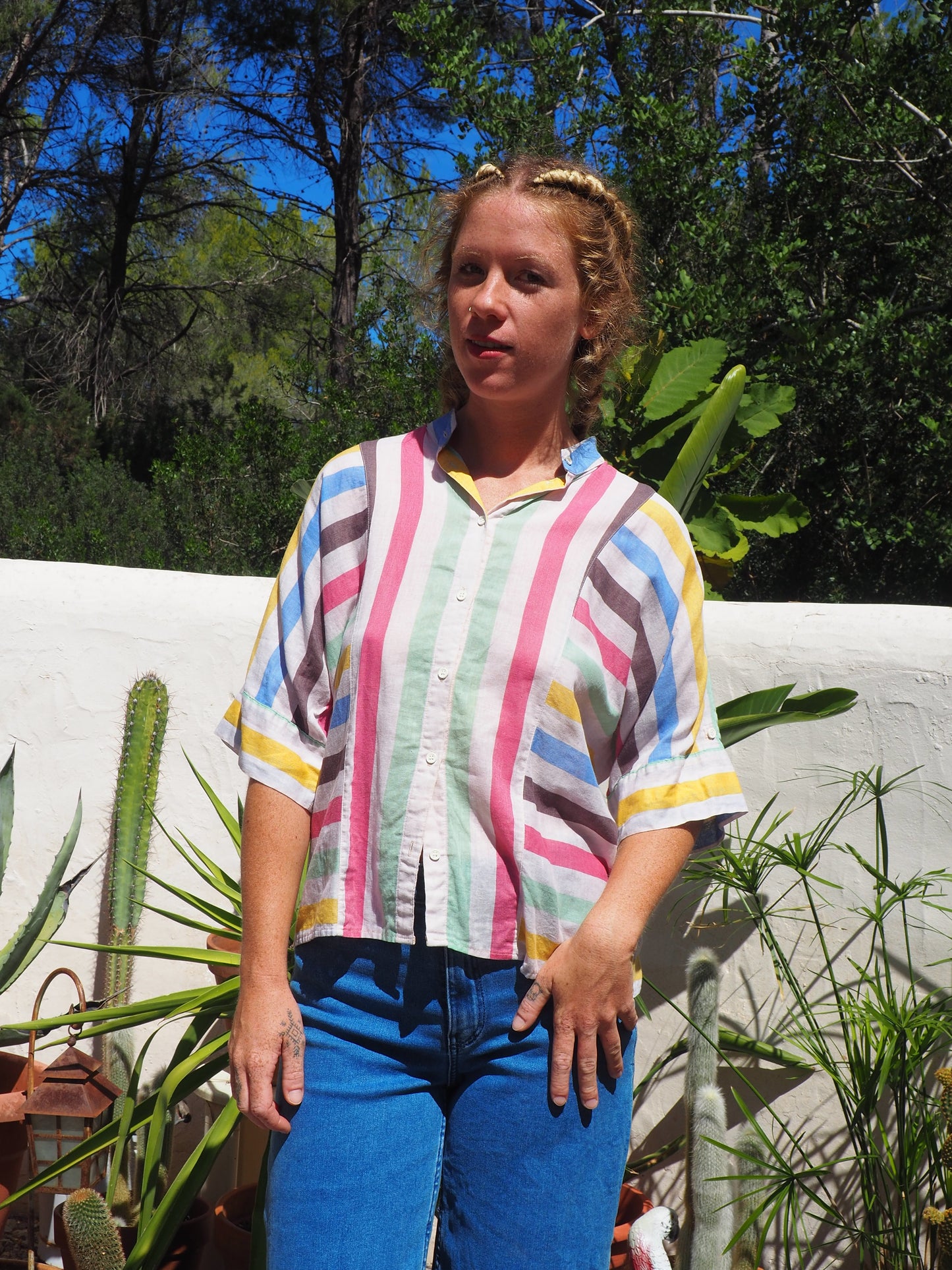 Vintage early 80’s fine cotton rainbow striped shirt with 80’s style sleeve details