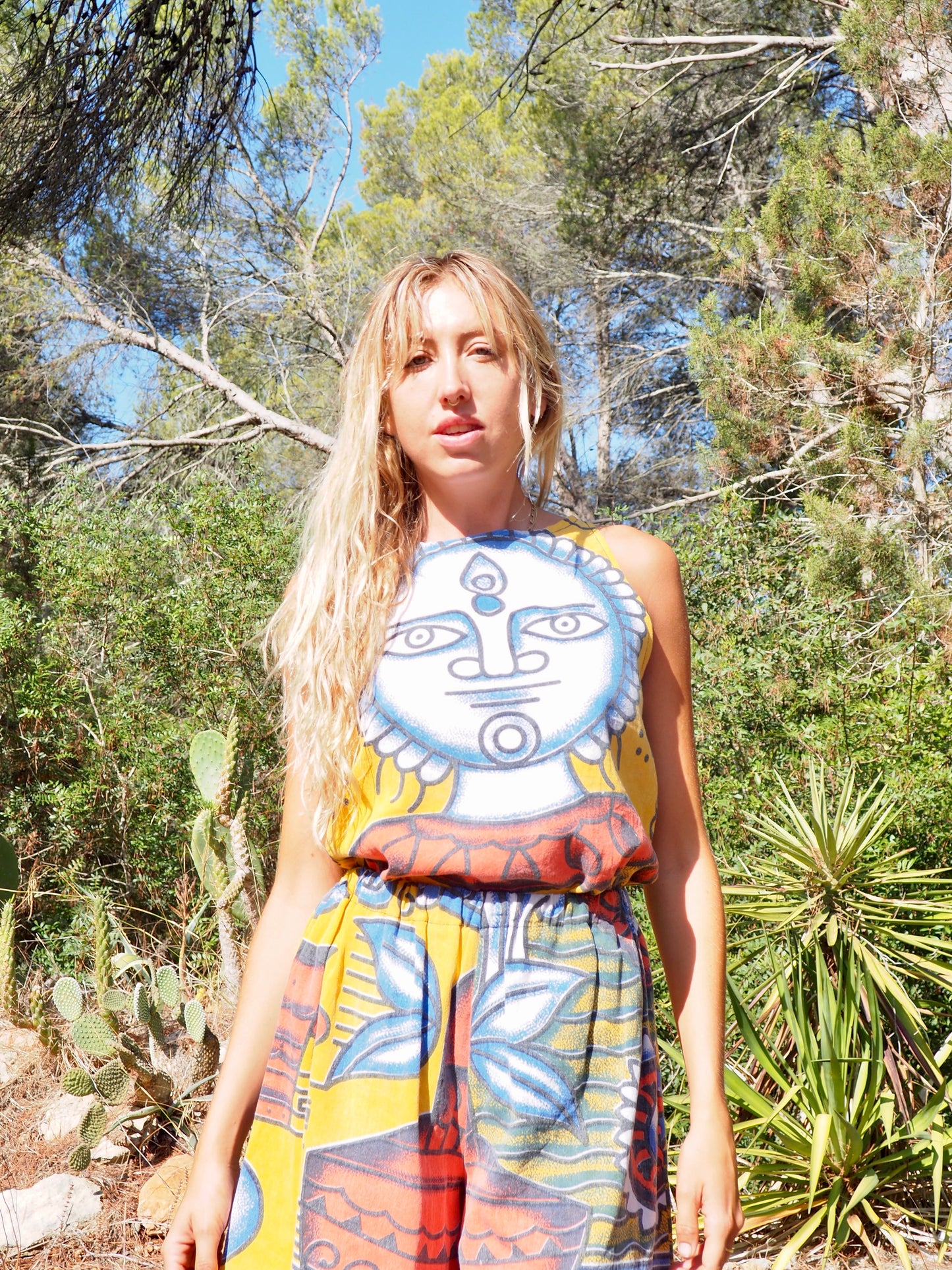 Up-cycled cotton funky bright colourful patchwork printed vest t-shirt top by Vagabond Ibiza