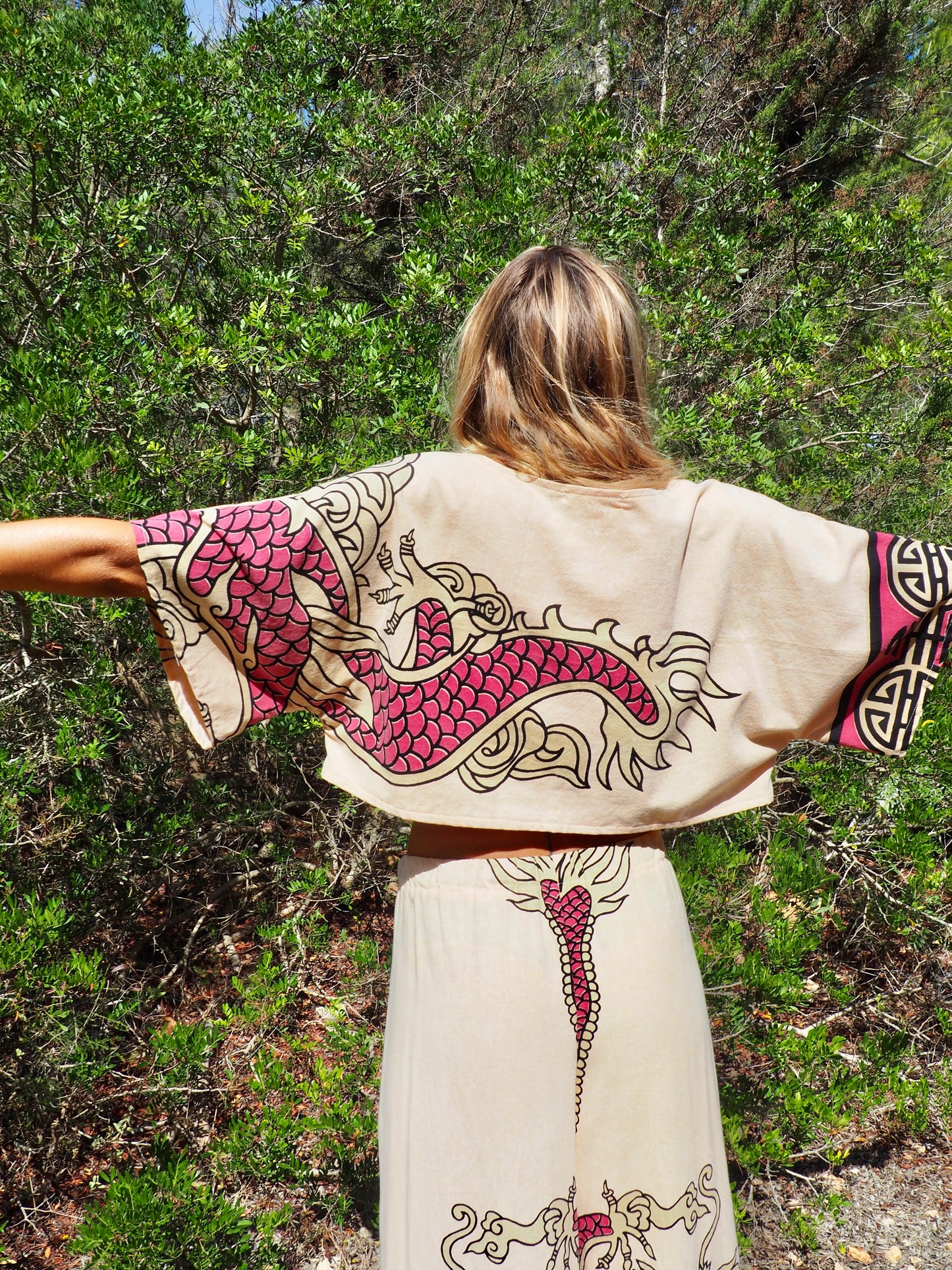 Up-cycled vintage cotton top cream and pink with dragon design by Vagabond Ibiza
