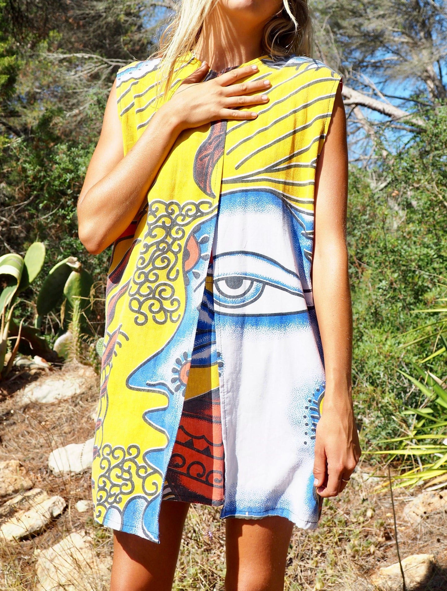 Up-cycled cotton funky bright colourful printed long waistcoat by Vagabond Ibiza