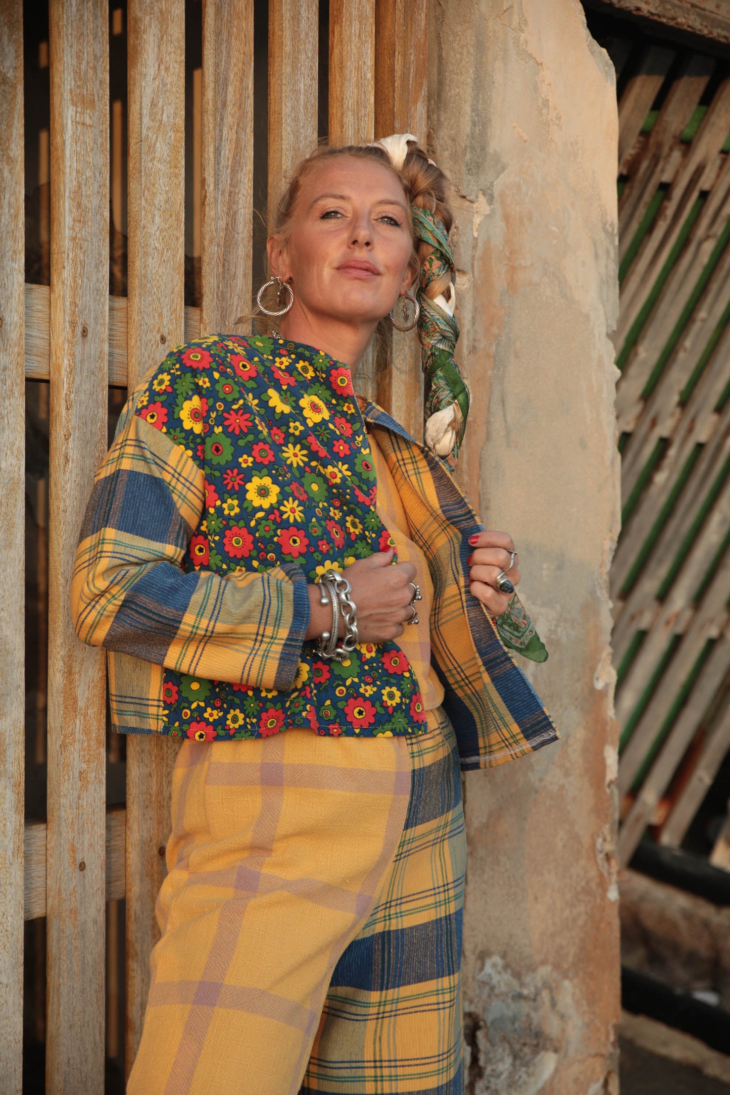 Up-cycled vintage yellow check cotton patchwork jackets with retro 1970’s floral print textiles panel's made by Vagabond Ibiza