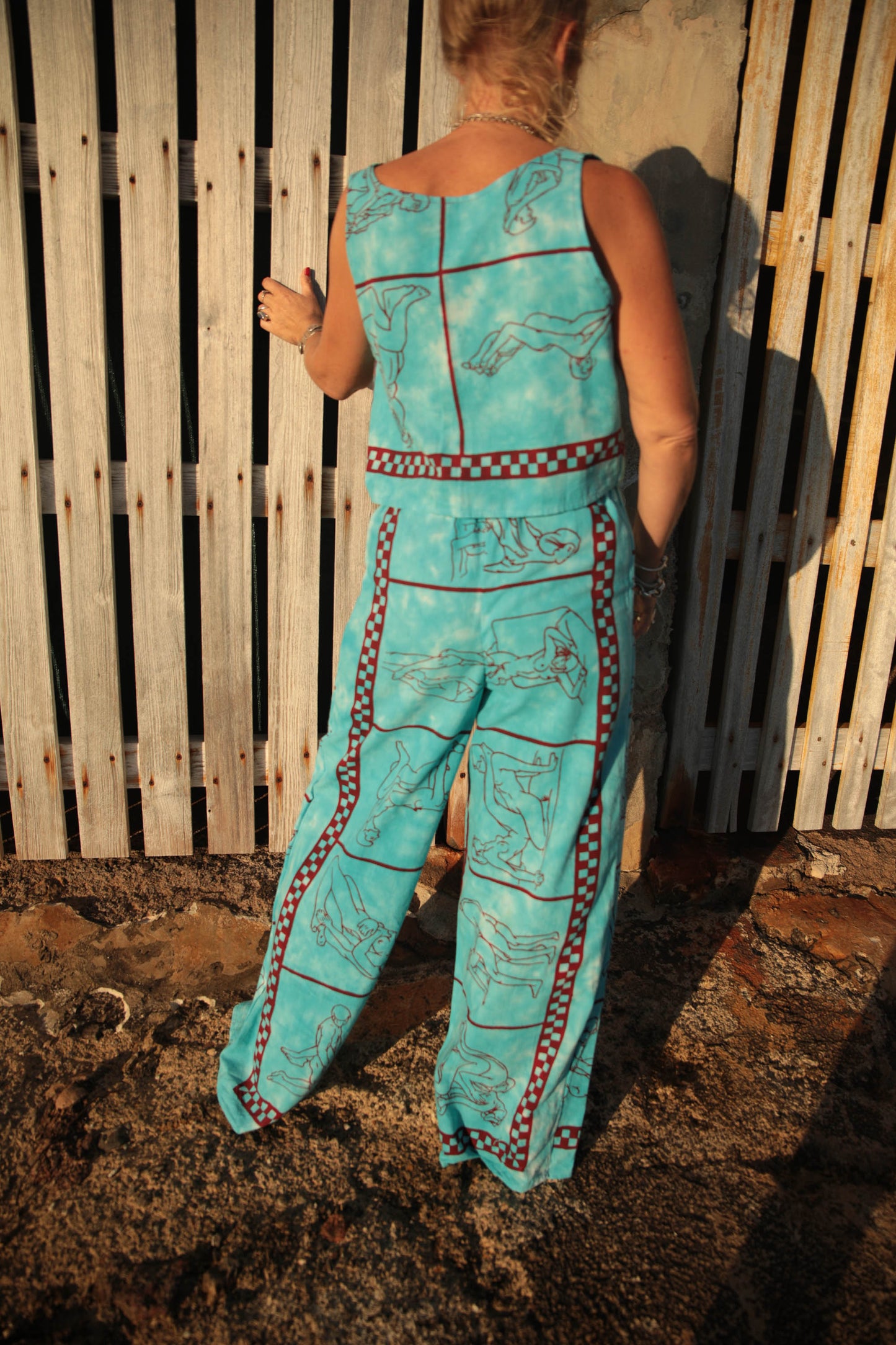 Up-cycled vintage cotton 2 piece set top and length kimono cover up with printed karma sutra design in bright blue pants sold separate