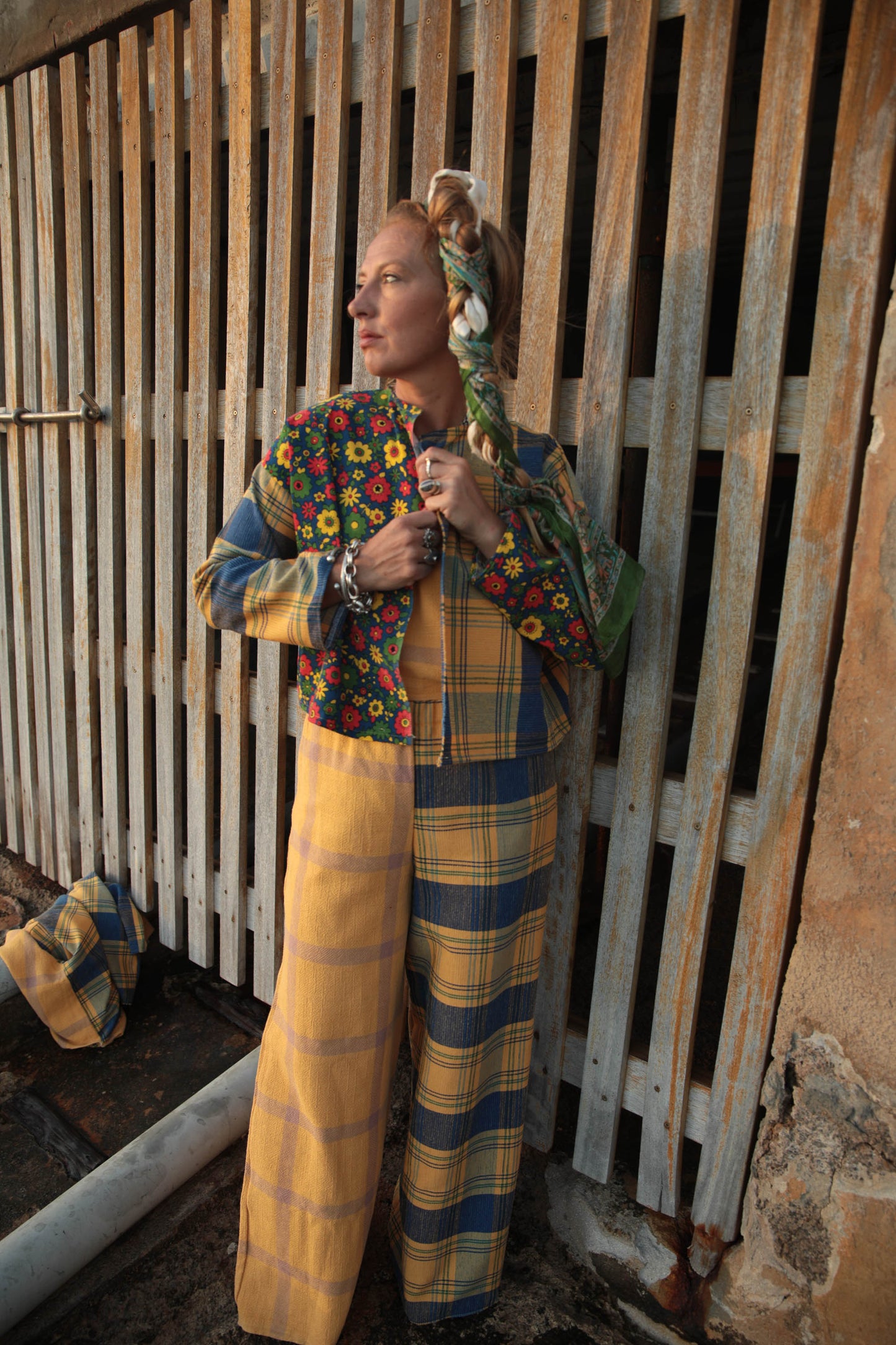 Up-cycled vintage yellow check cotton patchwork jackets with retro 1970’s floral print textiles panel's made by Vagabond Ibiza