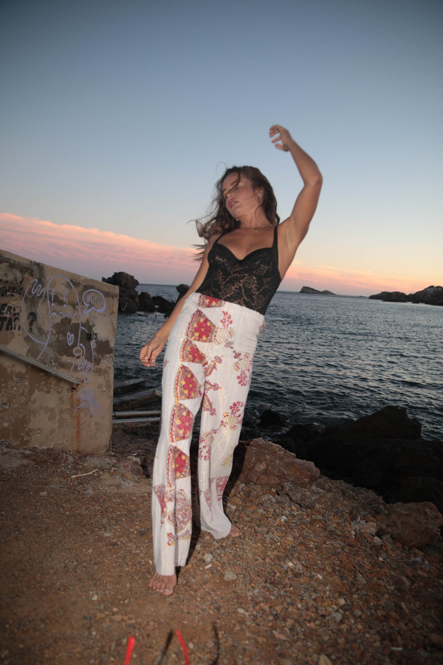 Vintage Indian cotton pants up-cycled by Vagabond Ibiza with block print design and gold thread detail