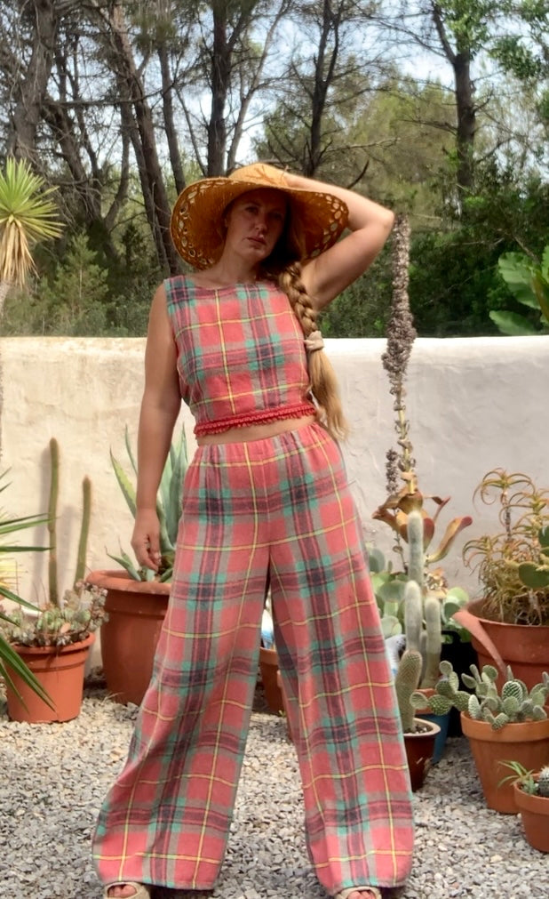 Vintage red and green 1970’s checked table cloth reversible tie crop top by Vagabond Ibiza