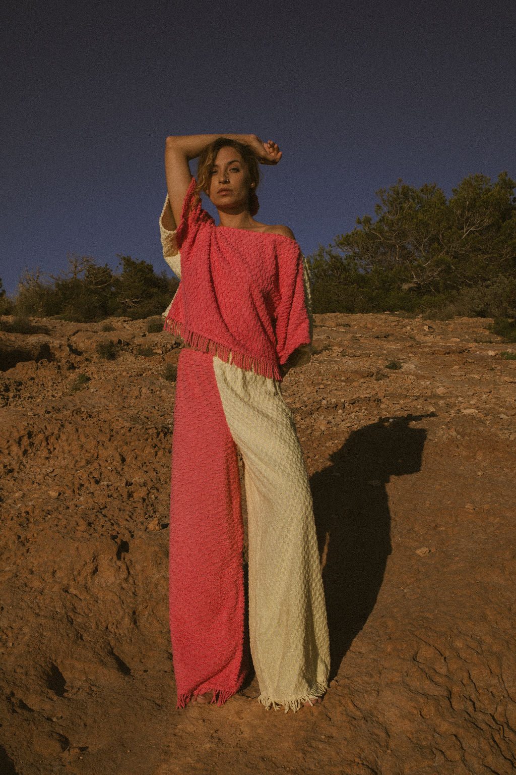 Handmade pastel patchwork towel set in pink and yellow, featuring long sleeve top and wide-leg trousers, upcycled in Ibiza.