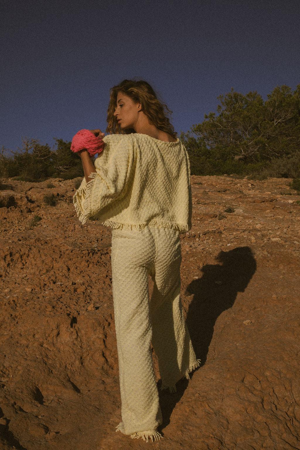 Upcycled bright yellow vintage cotton towel two-piece set with long sleeve top and wide-leg trousers.