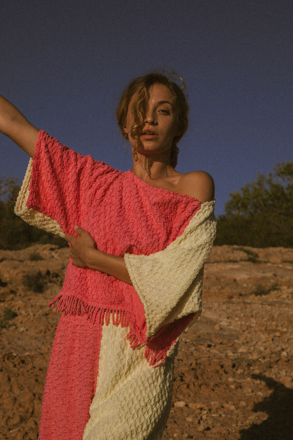 Handmade pastel patchwork towel set in pink and yellow, featuring long sleeve top and wide-leg trousers, upcycled in Ibiza.