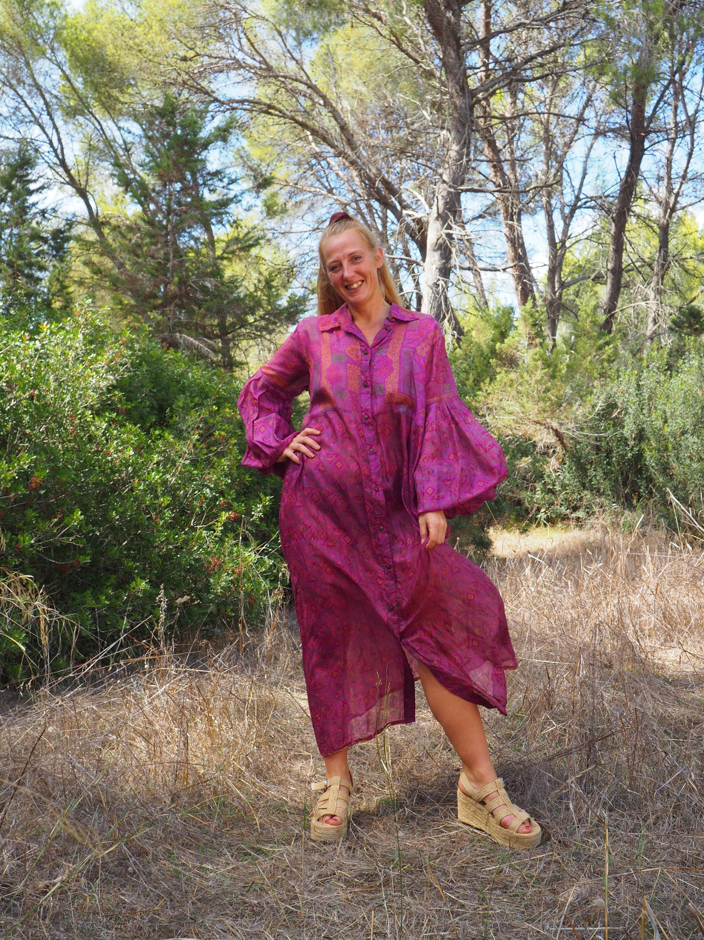 Vintage Indian sari dress with oversized sleeves up-cycled by Vagabond Ibiza