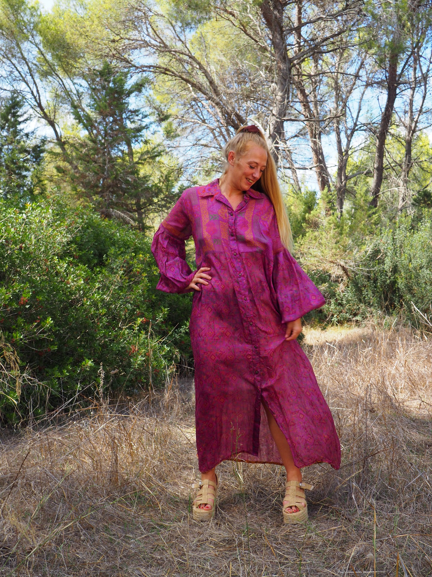Vintage Indian sari dress with oversized sleeves up-cycled by Vagabond Ibiza